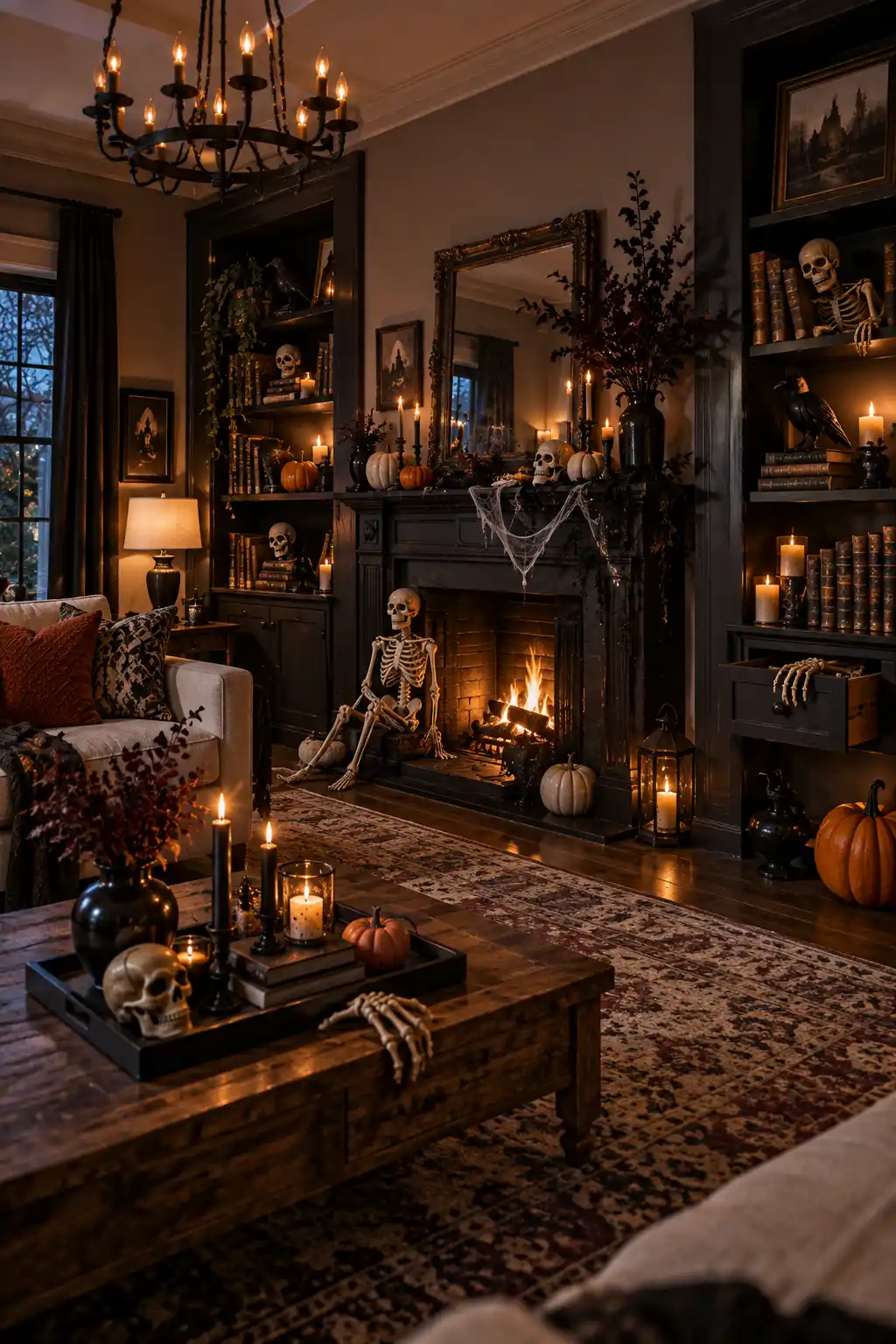 Realistic Halloween skeleton decorations styled on a fireplace mantel and bookshelves, with small pumpkins, black candles, and spooky accents.