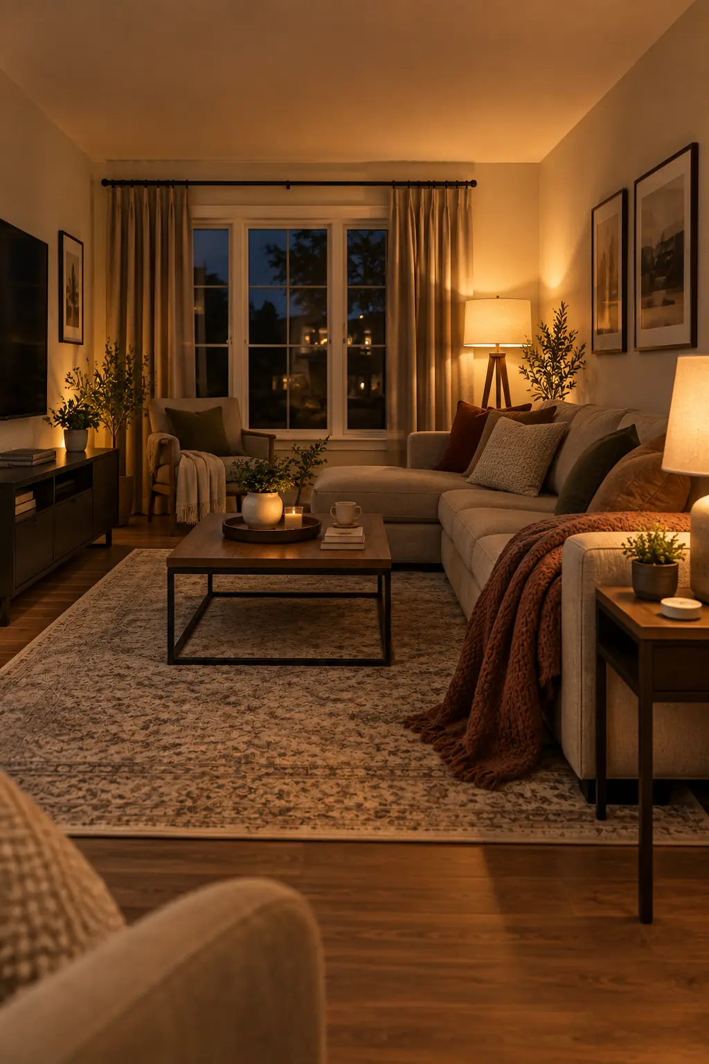 Realistic fall living room illuminated by warm white table and floor lamps, showing how soft yellow lighting creates a comfortable and inviting autumn atmosphere.