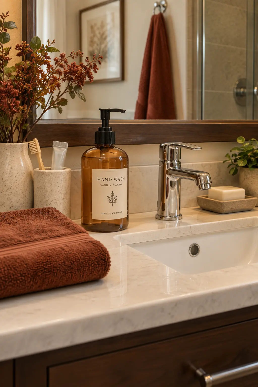 Close-up of a realistic bathroom vanity with an amber glass handwash dispenser beside a ceramic sink, warm-toned hand towel, and subtle fall-inspired bathroom styling.