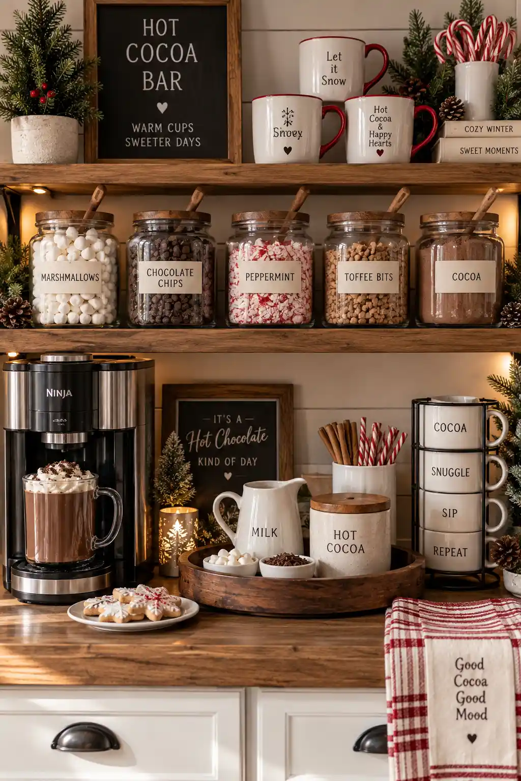 Winter hot chocolate station featuring labeled glass mason jars filled with marshmallows, chocolate chips, peppermint, toffee bits, and cocoa, with wooden scoops, mugs, and a coffee setup.