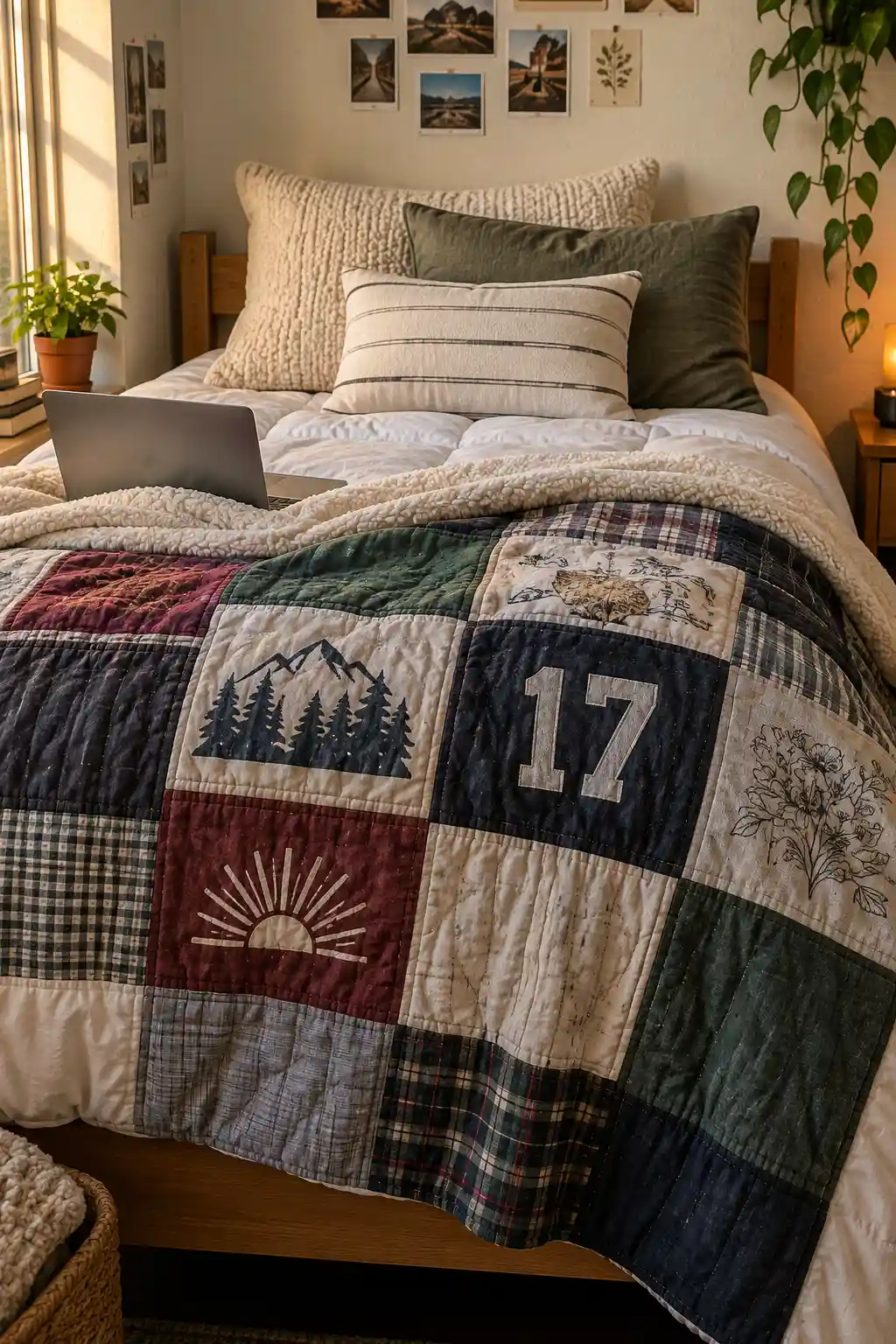 Cozy Twin XL dorm bed styled with a soft comforter and personalized t-shirt quilt, creating a comfortable space for sleeping, studying, and relaxing.