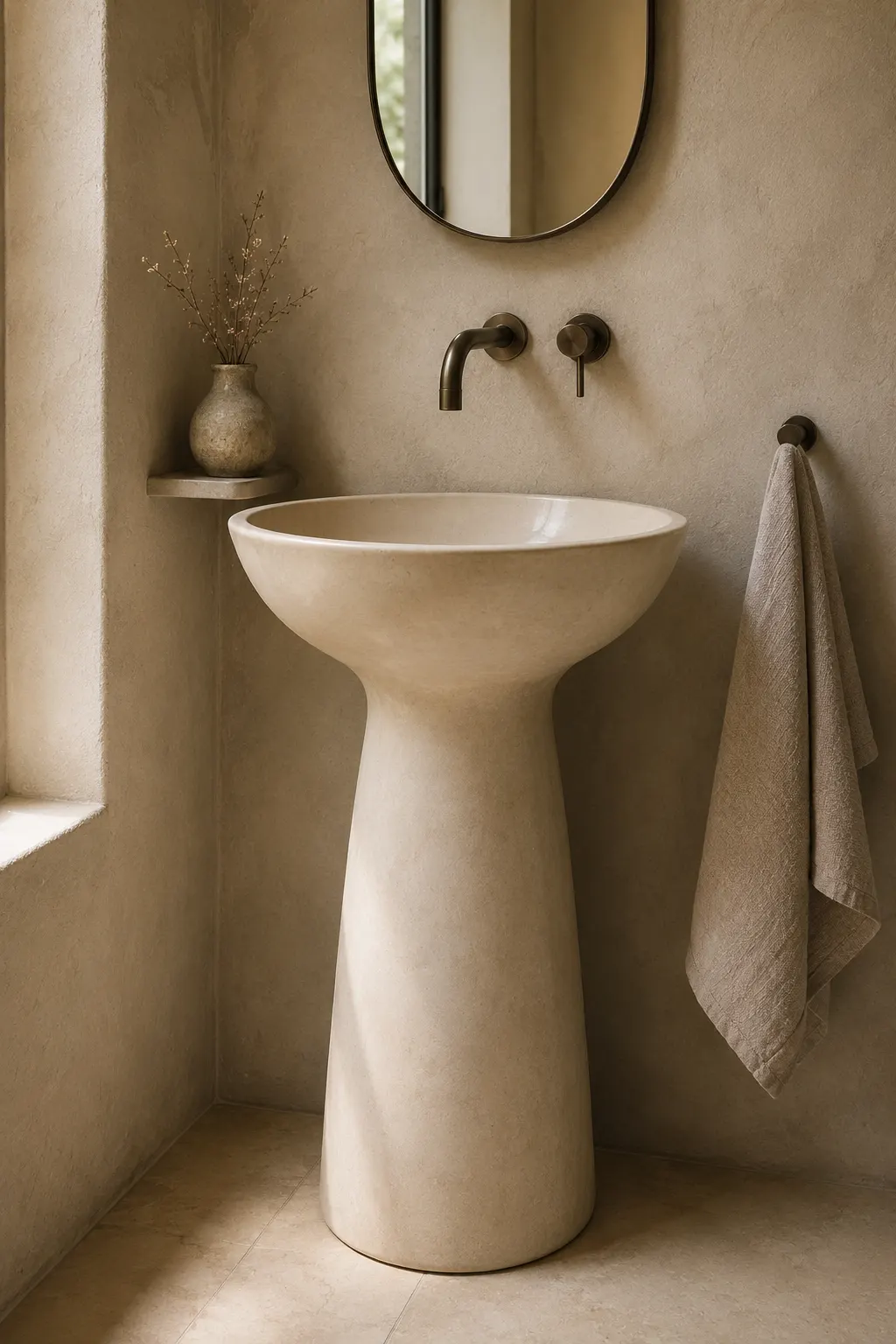 Elegant small bathroom featuring a sculptural statement pedestal sink with a curved ceramic basin, warm plaster walls, minimalist faucet, and neutral styling.