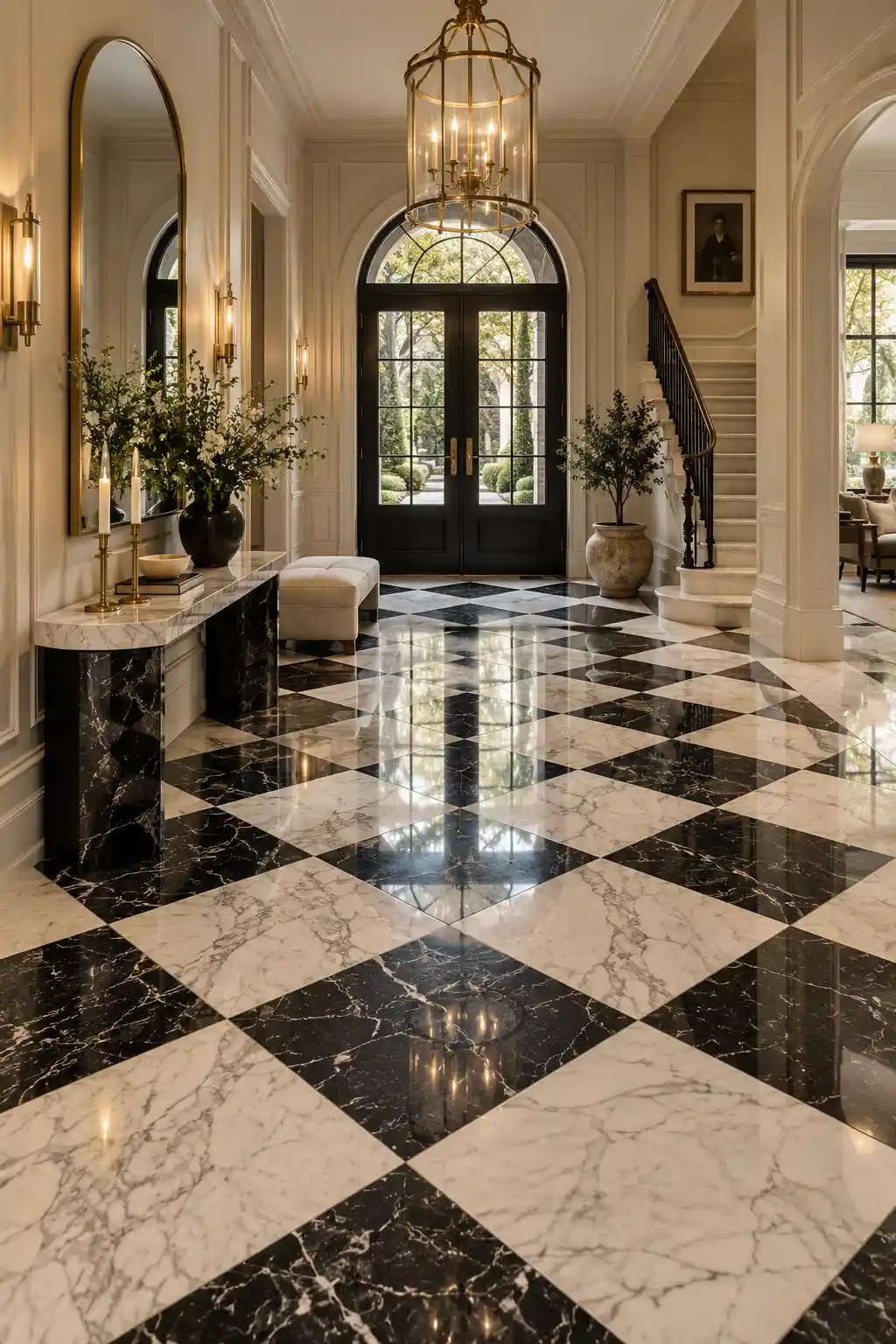Luxury foyer with a black and white veined marble checkerboard floor, sculptural console table, elegant mirror, brass accents, statement pendant light, and sophisticated neutral architecture.