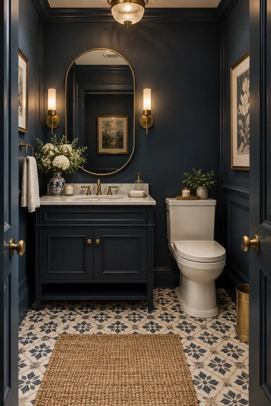 Elegant midnight blue powder room with navy walls and vanity, antique brass hardware, marble countertop, oval brass-framed mirror, patterned floor tiles, warm sconces, and white porcelain toilet.