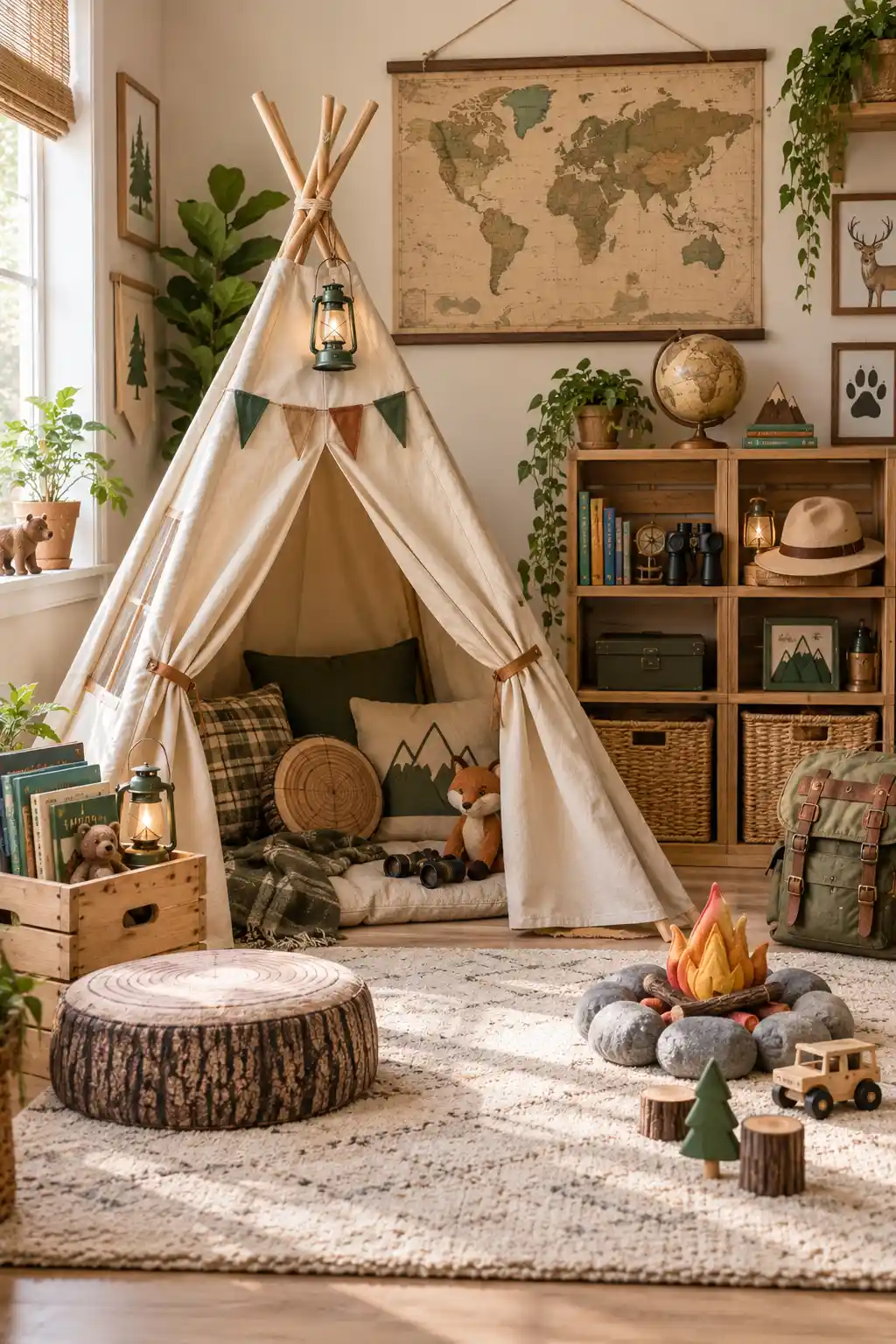 Kids' explorer playroom corner with a canvas teepee, wooden storage crates, world map wall decor, adventure books, woven baskets, forest green accents, and camping-inspired accessories.