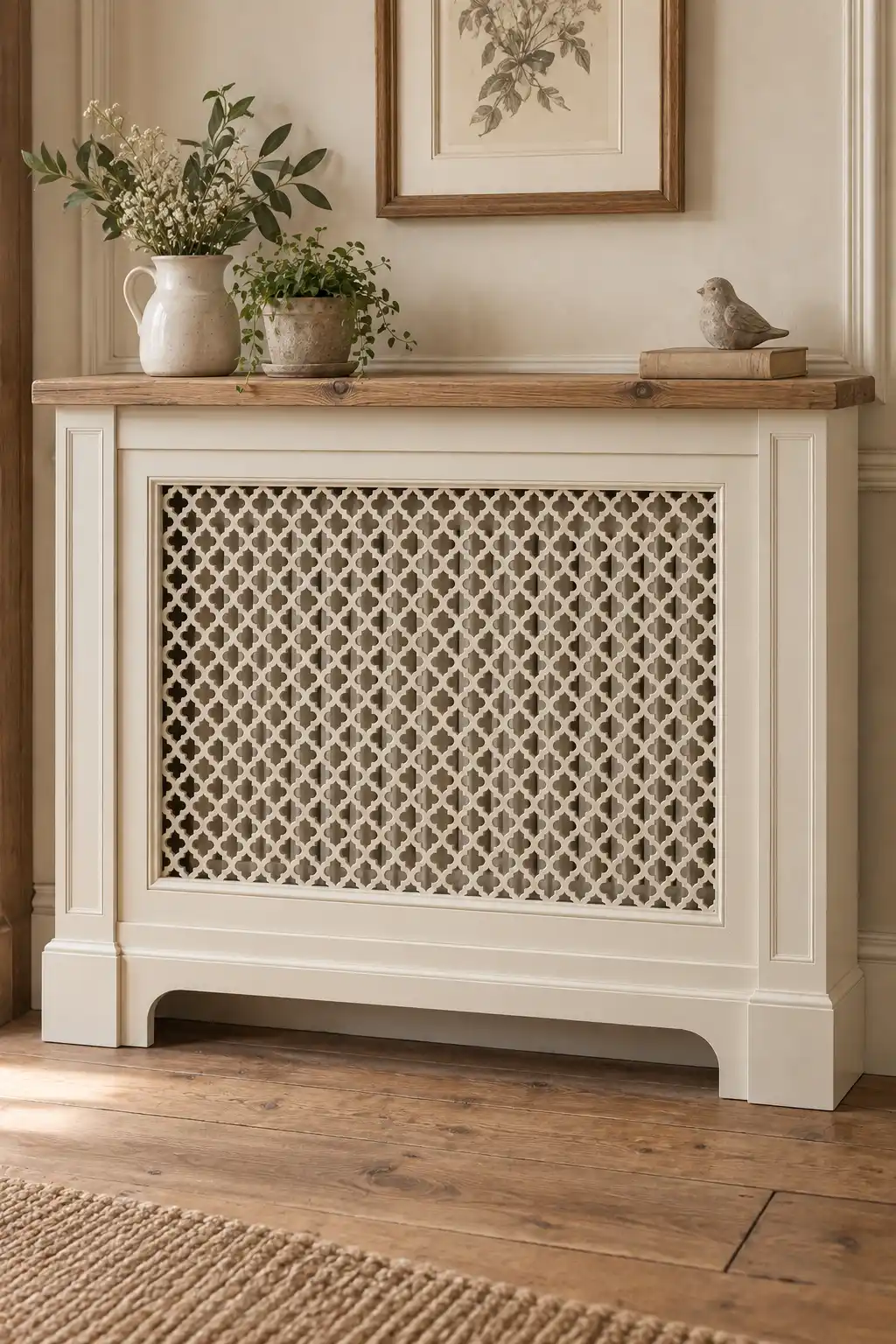 Creamy white cottage-style radiator cover with decorative grillework and a reclaimed wood ledge for a rustic traditional look.