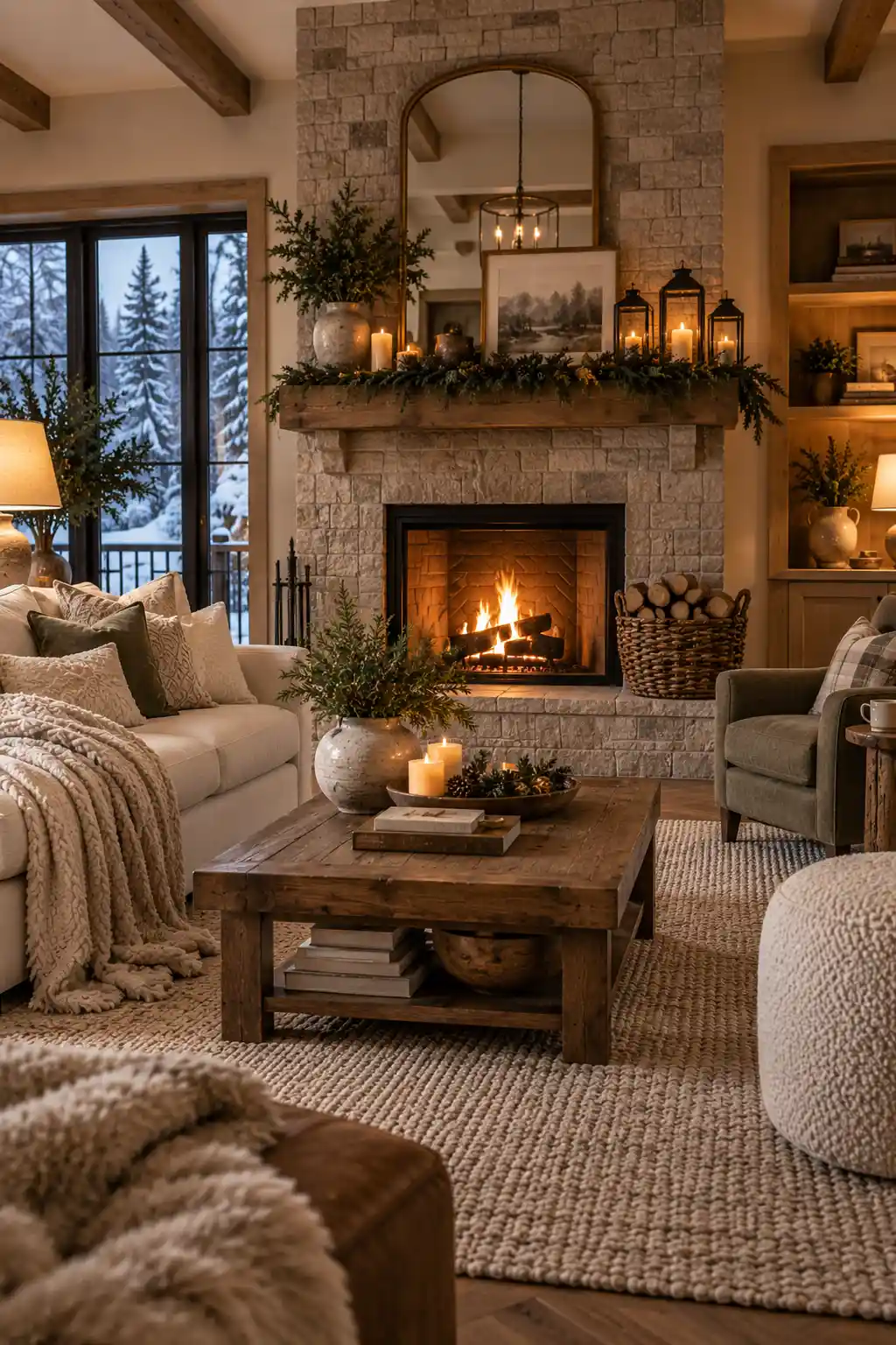 Warm winter living room with a beautifully styled fireplace, glowing fire, stacked firewood, lanterns, candles, evergreen branches, neutral seating, and a textured area rug.