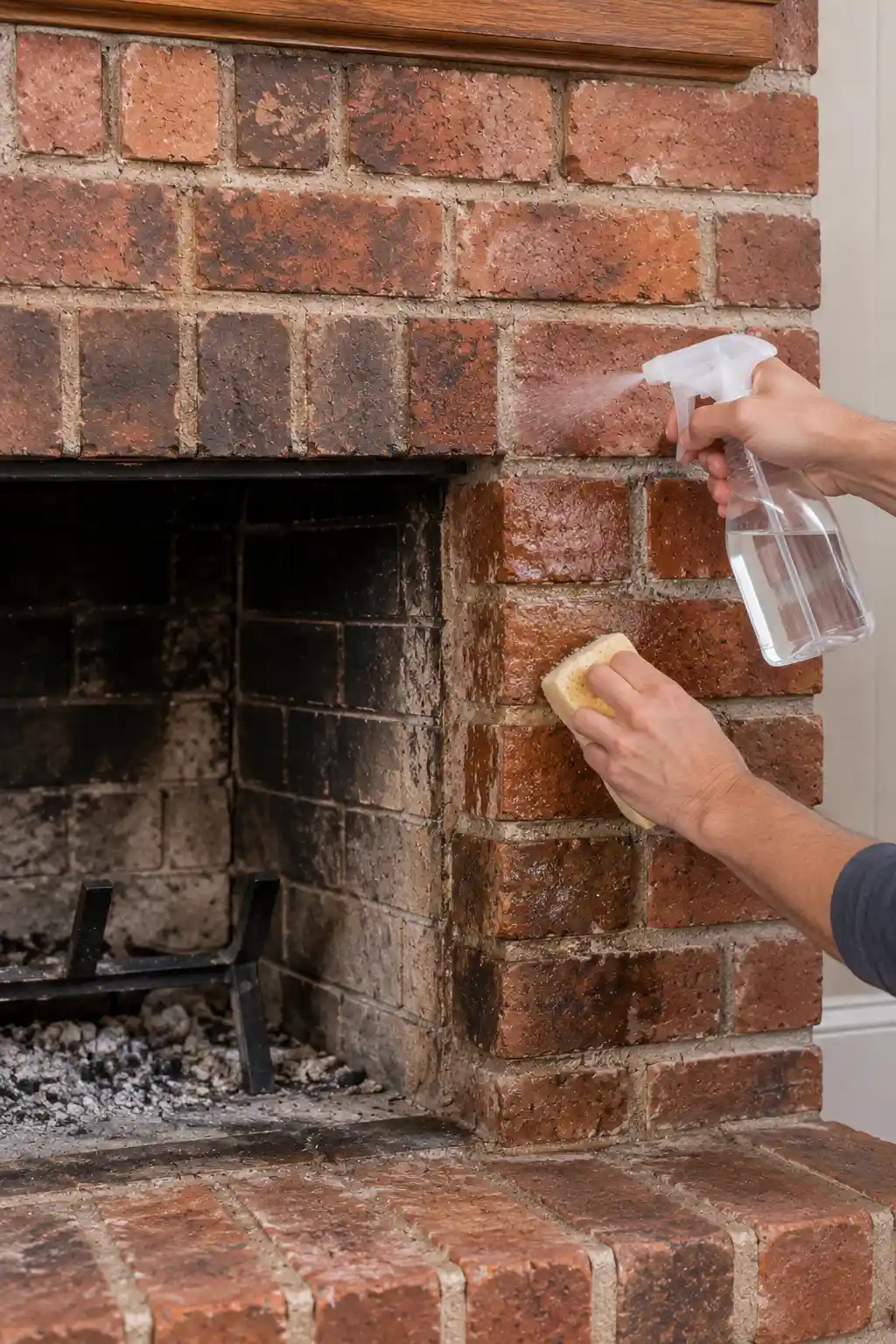 White vinegar and water solution being sprayed and scrubbed onto grimy brick fireplace surfaces to remove grease and dirt.