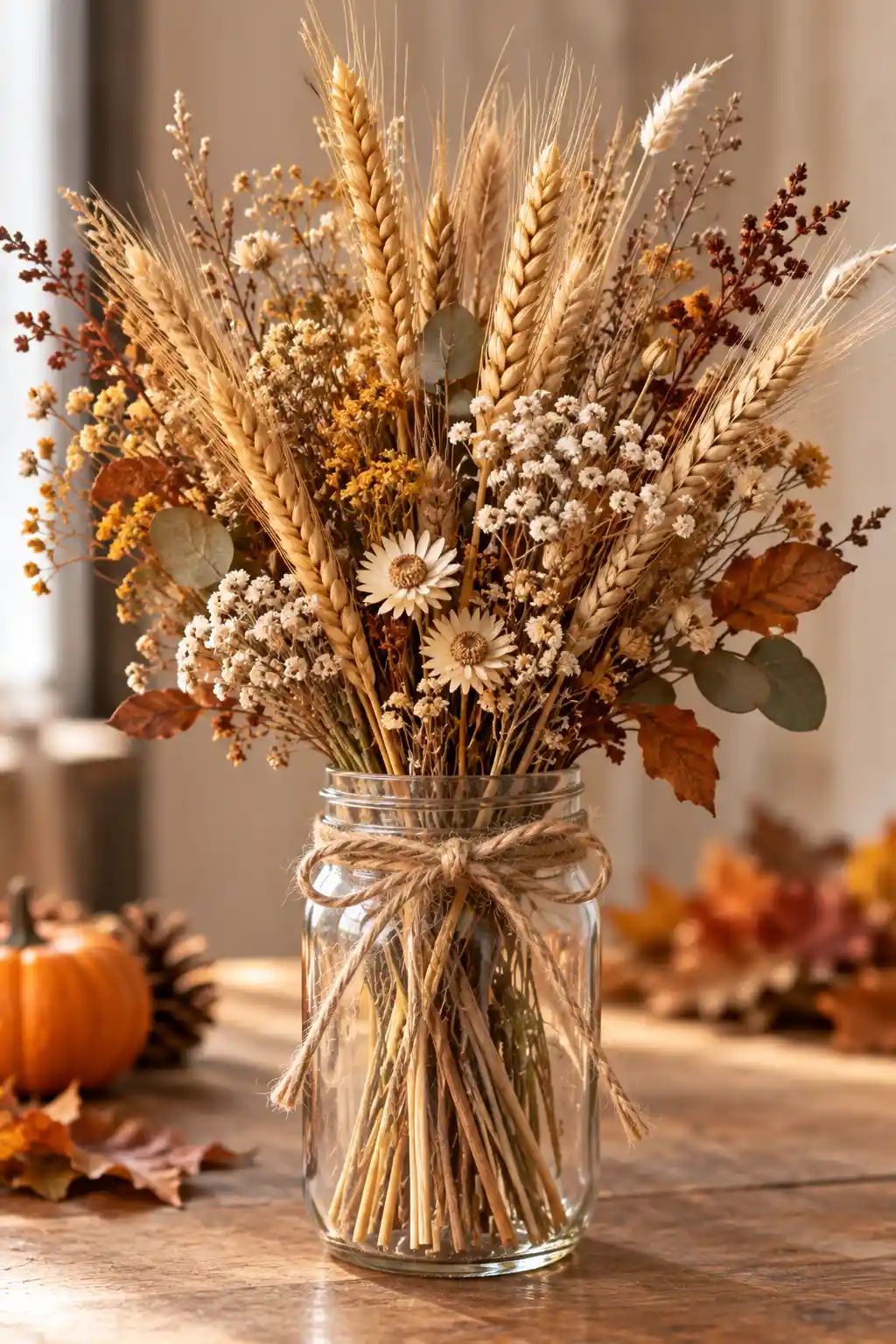 Clear Mason jar filled with dried golden wheat, beige wildflowers, dried grasses, and autumn botanicals styled as a fall centerpiece.