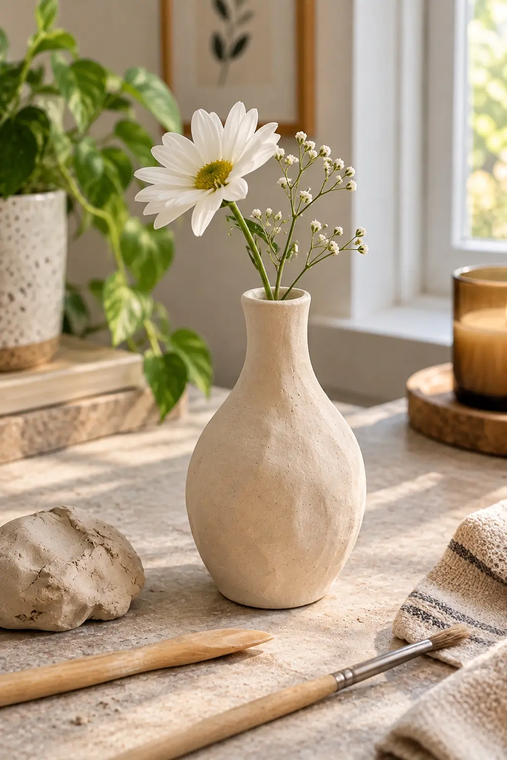 Small handmade air dry clay bud vase with a slim organic shape holding a single fresh flower stem on a modern tabletop.