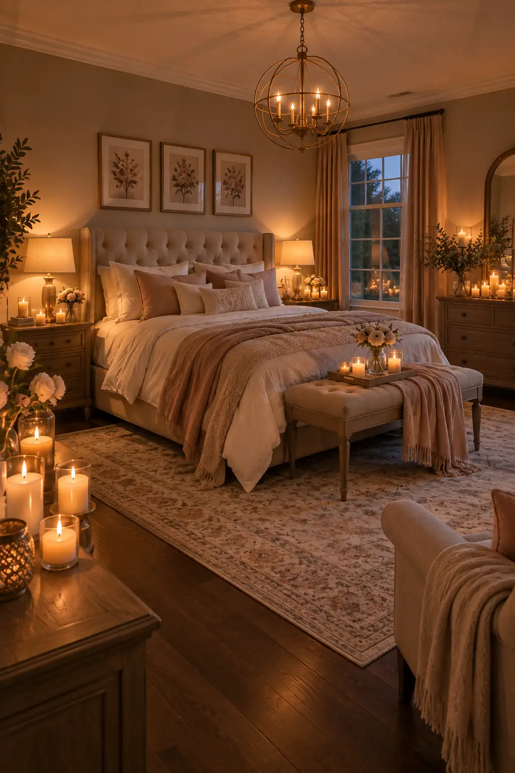 Cozy romantic bedroom illuminated by warm candles and flameless LED candles arranged on nightstands and a dresser, creating soft amber light around the elegant bed.