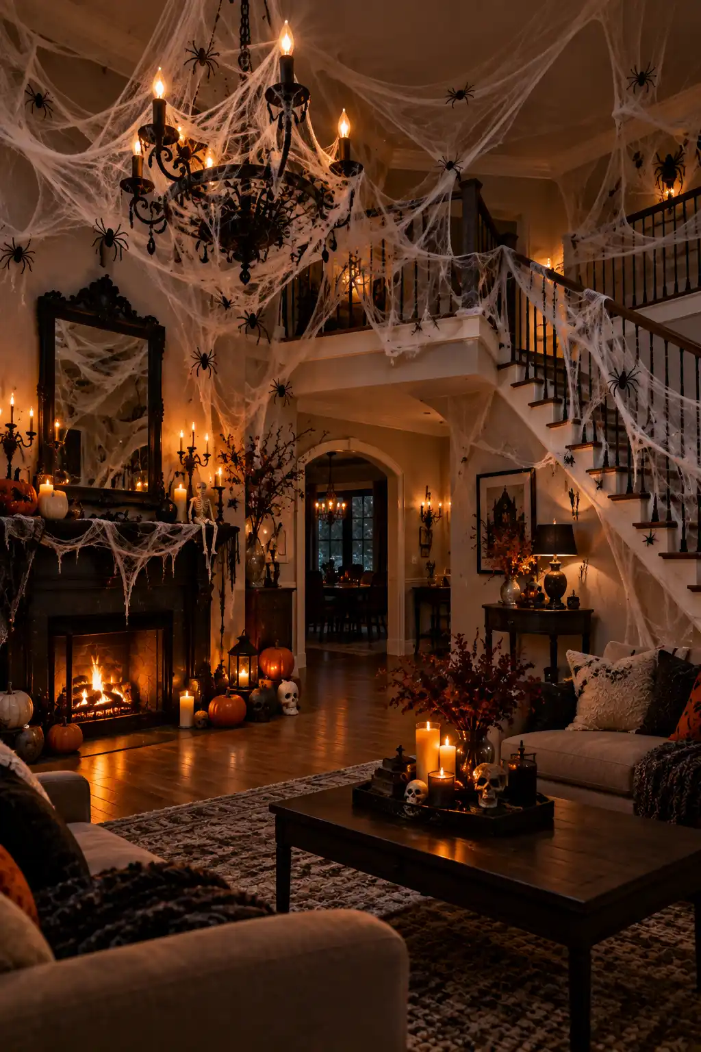 Indoor Halloween living room decorated with stretchable faux cobwebs across a chandelier, staircase railing, mantel, and room corners with black spiders.