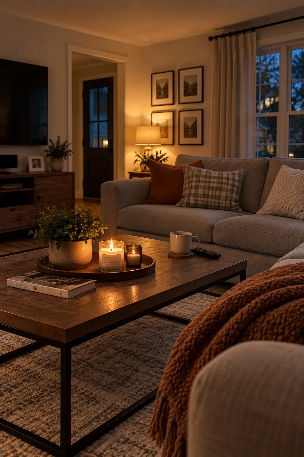 Realistic living room with one or two lit scented candles on a side table, casting a soft warm glow alongside a blanket and everyday home furnishings.