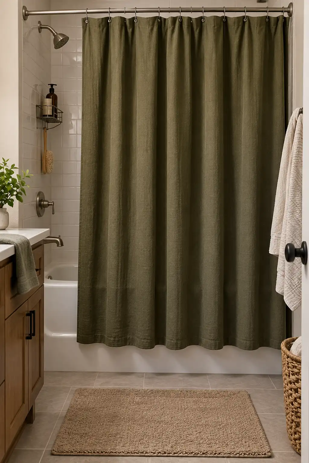 Realistic bathroom with a solid deep olive green shower curtain hanging naturally beside a white bathtub, surrounded by neutral tile and simple contemporary fixtures.