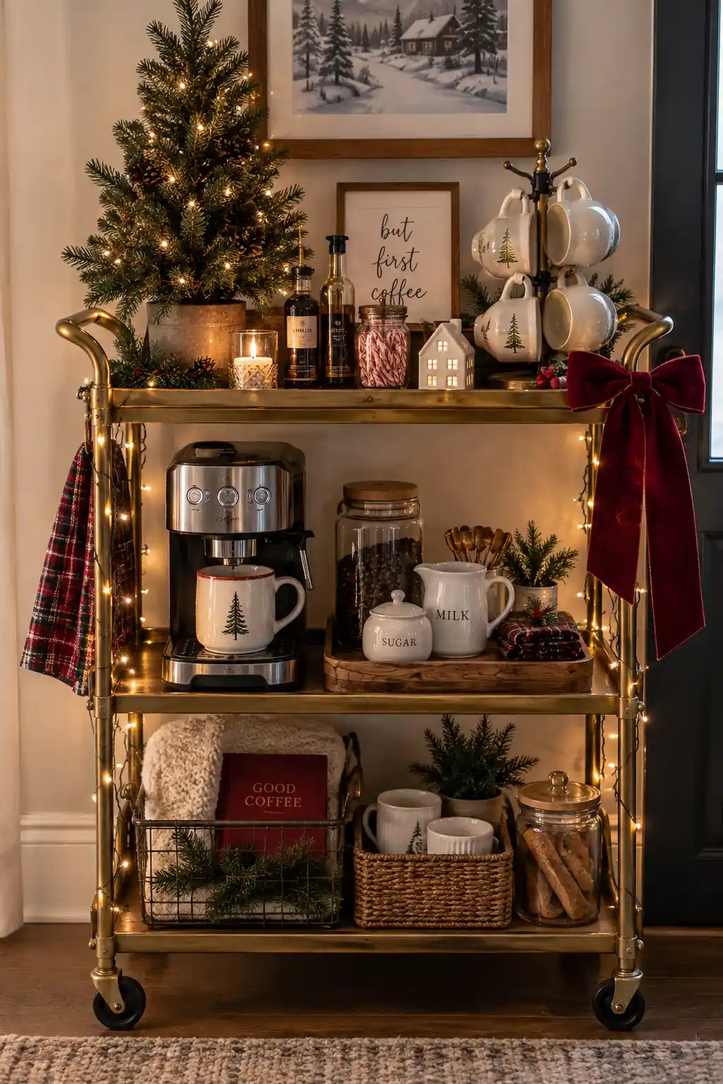 Festive winter coffee station arranged on a rolling bar cart with a compact coffee maker, ceramic mugs, warm fairy lights, a large seasonal bow, mini evergreen tree, and coffee accessories.