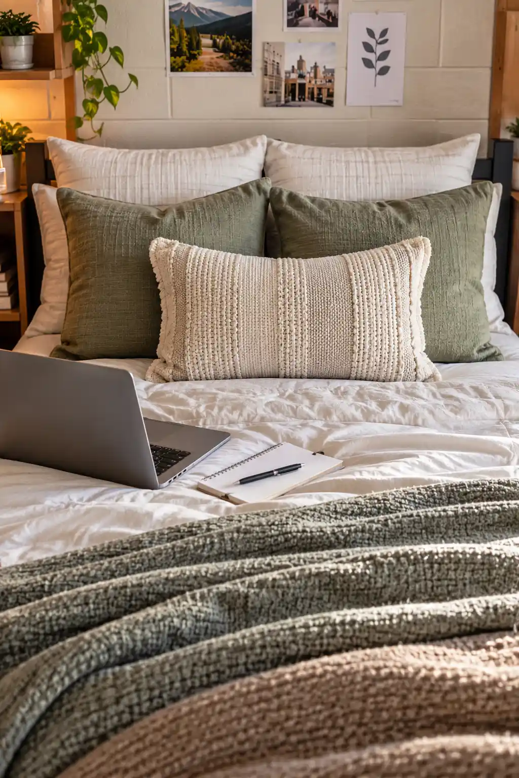 Several comfortable pillows arranged on a Twin XL college dorm bed with a laptop and notebook nearby, showing how extra pillows can support studying and relaxing in bed.
