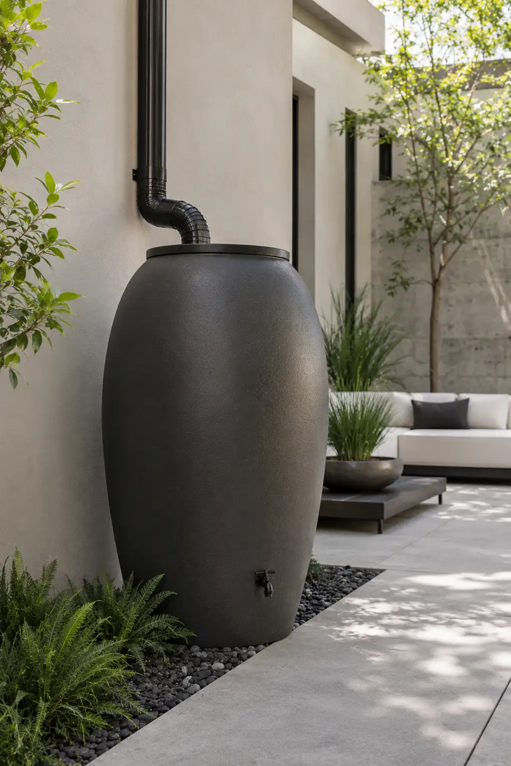 Large sculptural charcoal rain barrel designed like a contemporary garden urn, connected to a modern roof downspout and surrounded by concrete paving, architectural plants, and a sophisticated backyard setting.
