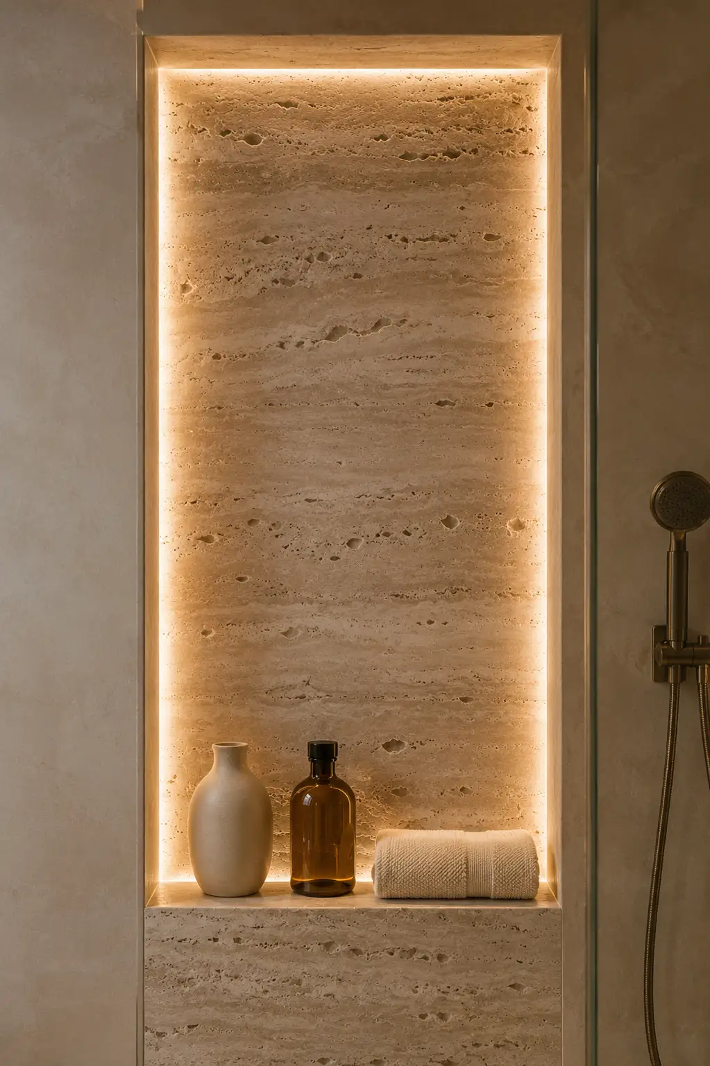 Luxury small bathroom with a recessed travertine stone niche illuminated by concealed warm lighting and styled with a ceramic vase, amber bottle, and folded towel.