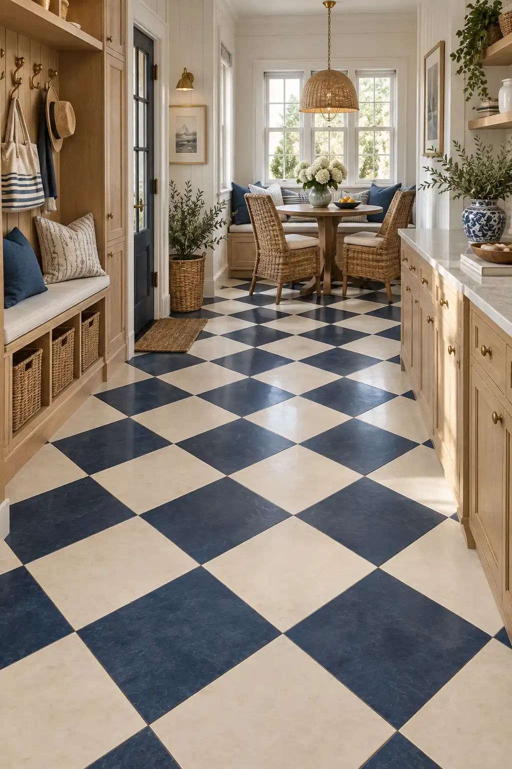 Navy blue and cream checkerboard ceramic floor in a bright coastal-inspired space with light wood cabinetry, rattan furniture, woven baskets, aged brass details, and soft natural light.