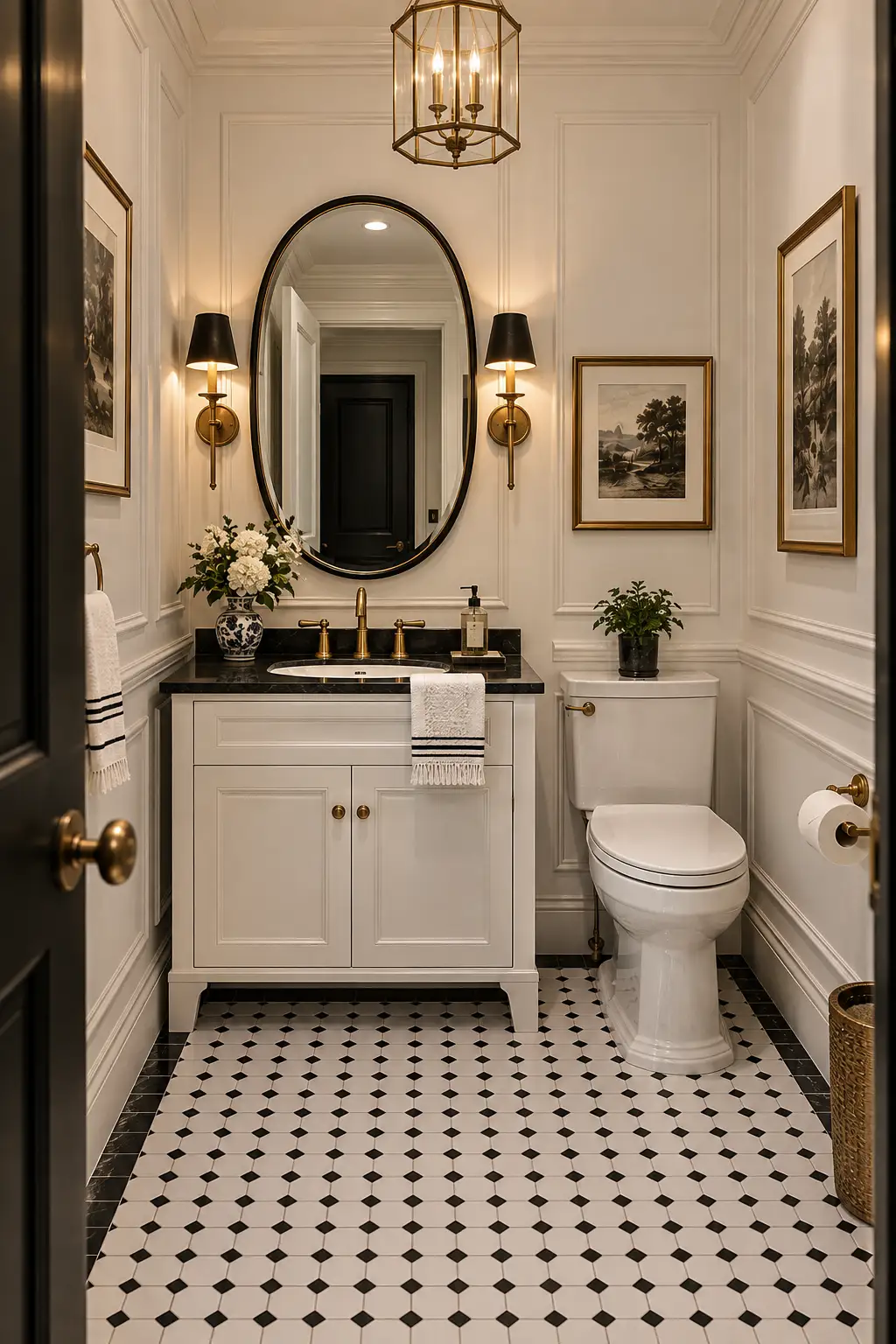 Classic black and white powder room with hexagonal flooring, streamlined white vanity, brass faucet, oval mirror, black wall sconces, white ceramic toilet, and timeless decorative accents.