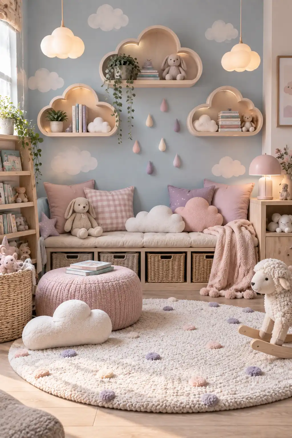 Pastel cloud-themed children's playroom with powder blue, blush pink and lavender decor, cloud-shaped shelves, soft cushions, rounded furniture, and a cozy reading area.