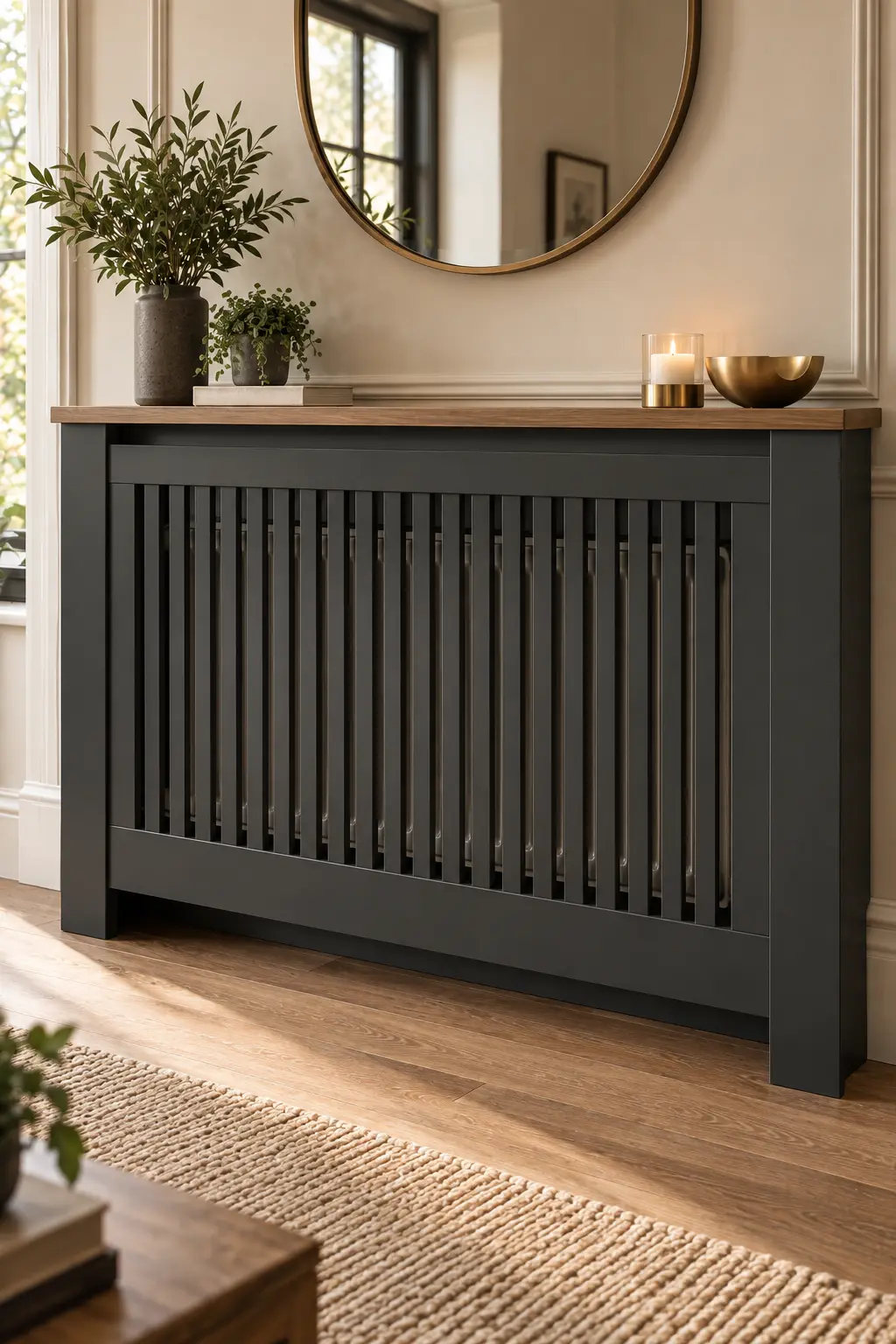Modern charcoal radiator cover with a dark statement frame, ventilation openings, and warm wood and brass accents.