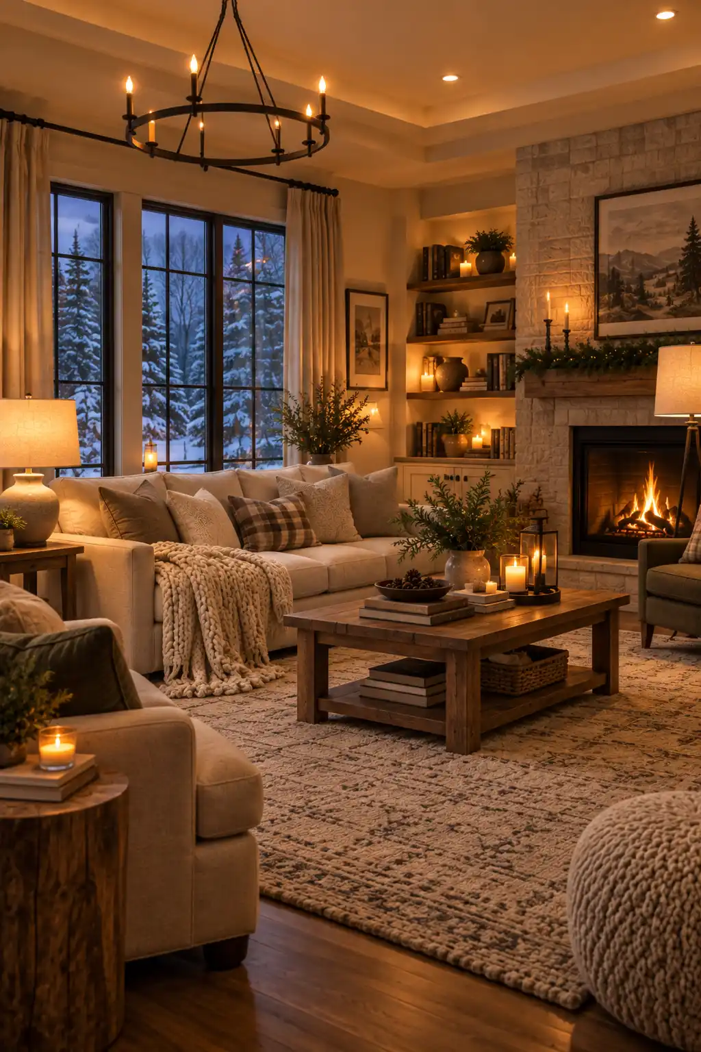 Elegant winter living room illuminated with warm amber lighting from table and floor lamps, featuring a cream sofa, chunky throw, textured rug, wooden furniture, and cozy decor.