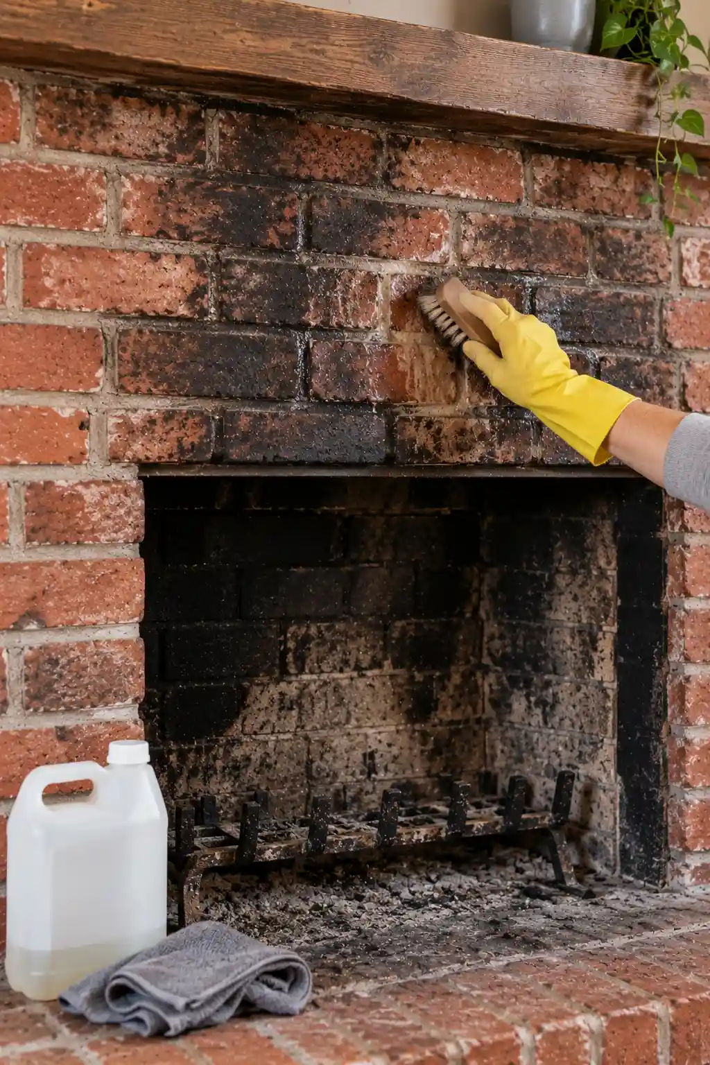 Brick fireplace with stubborn dark soot stains being treated with a dedicated masonry cleaner and scrub brush.