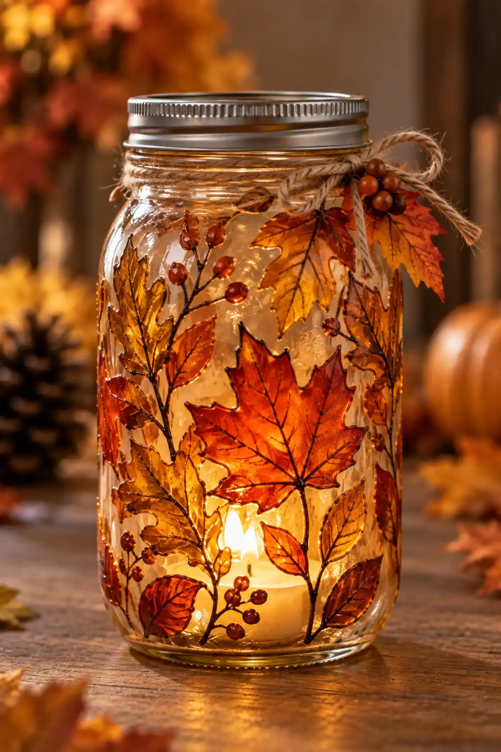 Leaf-etched Mason jar decorated with translucent autumn maple and oak leaf designs that create a colorful faux stained glass effect.