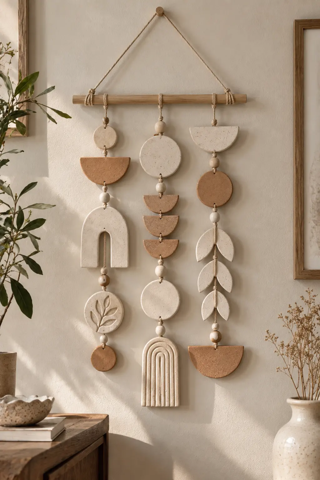 Handmade air dry clay wall hanging featuring organic geometric clay shapes connected with natural cotton cord and displayed on a neutral wall.