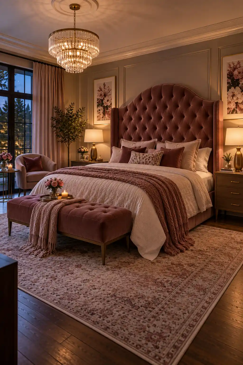 Stylish romantic bedroom featuring a large tufted upholstered statement headboard in a rich sophisticated color, paired with layered bedding, warm lamps, and elegant nightstands.