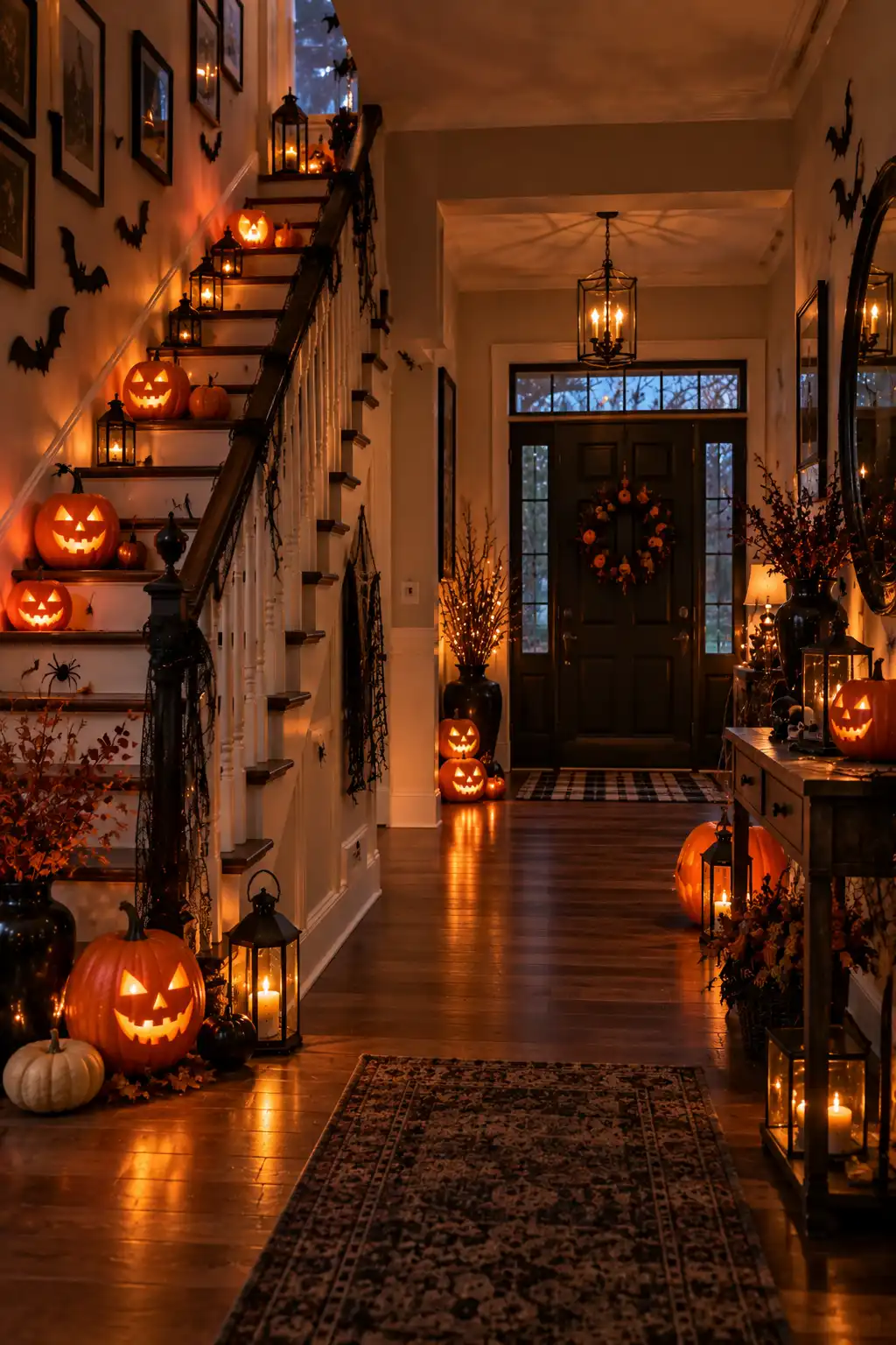 Glowing LED pumpkin lanterns arranged along an indoor staircase, entryway, and windowsill to create a warm orange Halloween atmosphere.