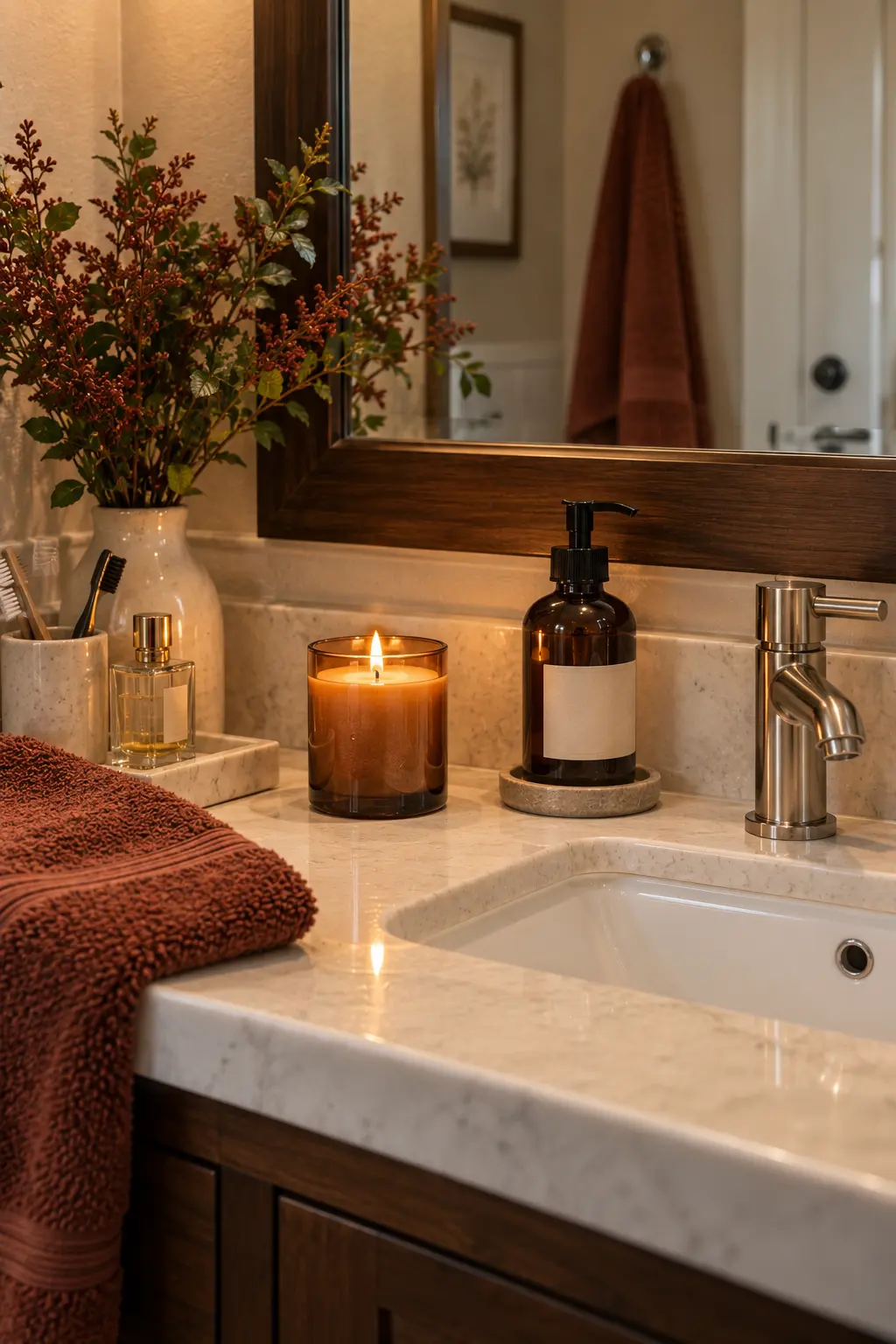 Realistic bathroom vanity featuring a small lit scented candle in a simple ceramic container beside a sink, hand soap, folded towel, and warm ambient lighting.