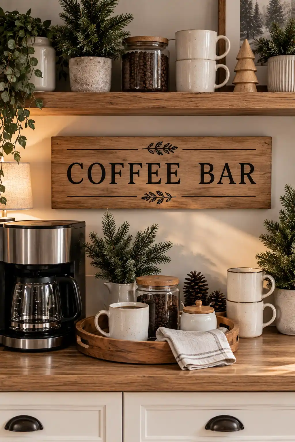 Minimal winter coffee bar featuring a natural wood Coffee Bar sign, wooden serving tray, ceramic mug, stacked cup, compact coffee maker, coffee jar, and subtle evergreen accents.