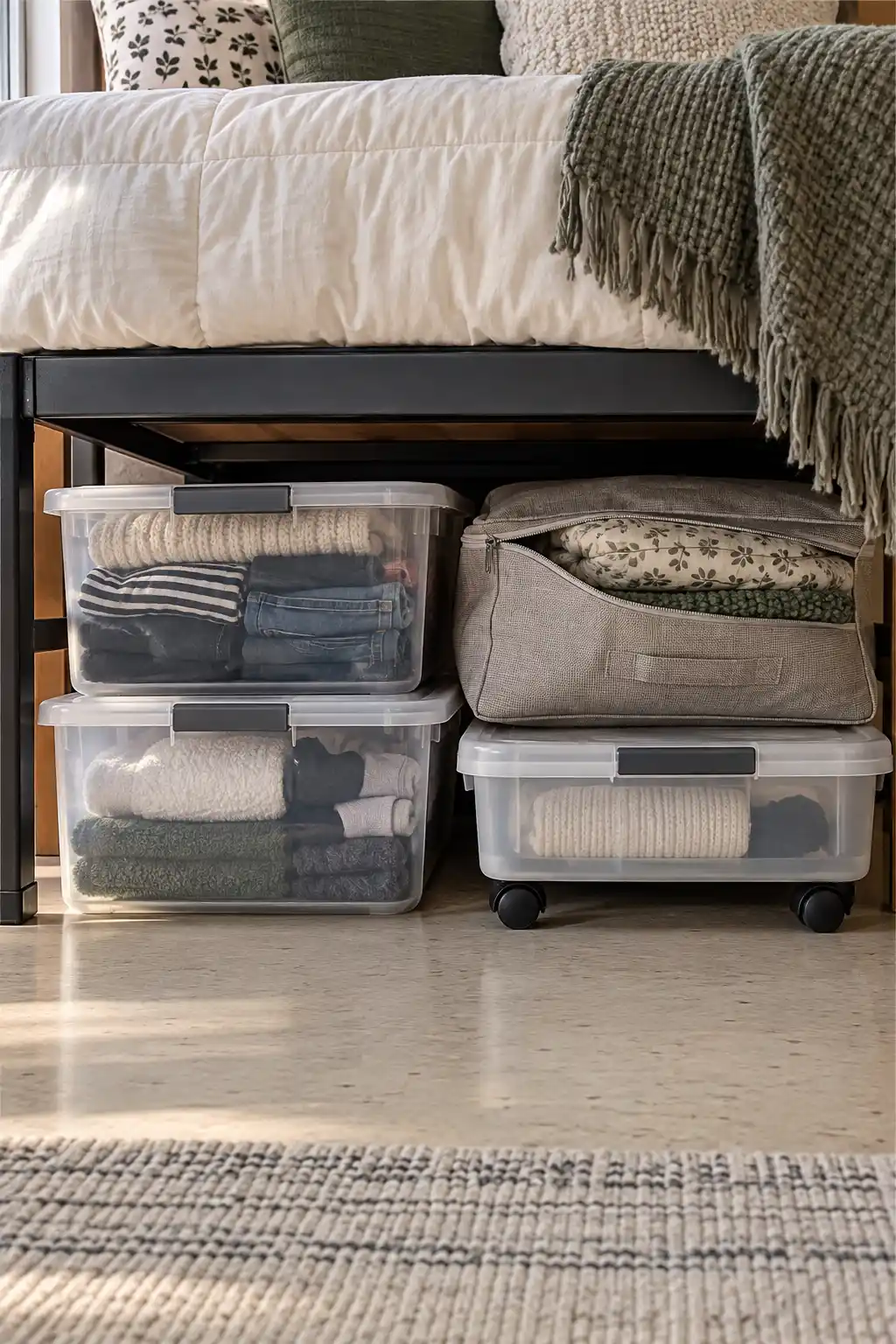 Multiple under-bed storage bins organized beneath a raised Twin XL dorm bed with clothes, towels, bedding, and college essentials stored inside.