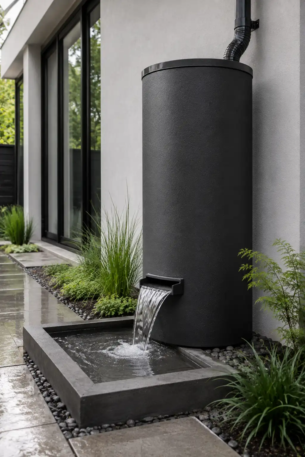 Contemporary matte-black rain barrel with a wide waterfall-style spout releasing collected rainwater into a sleek concrete basin, surrounded by modern landscaping and a minimalist home exterior.