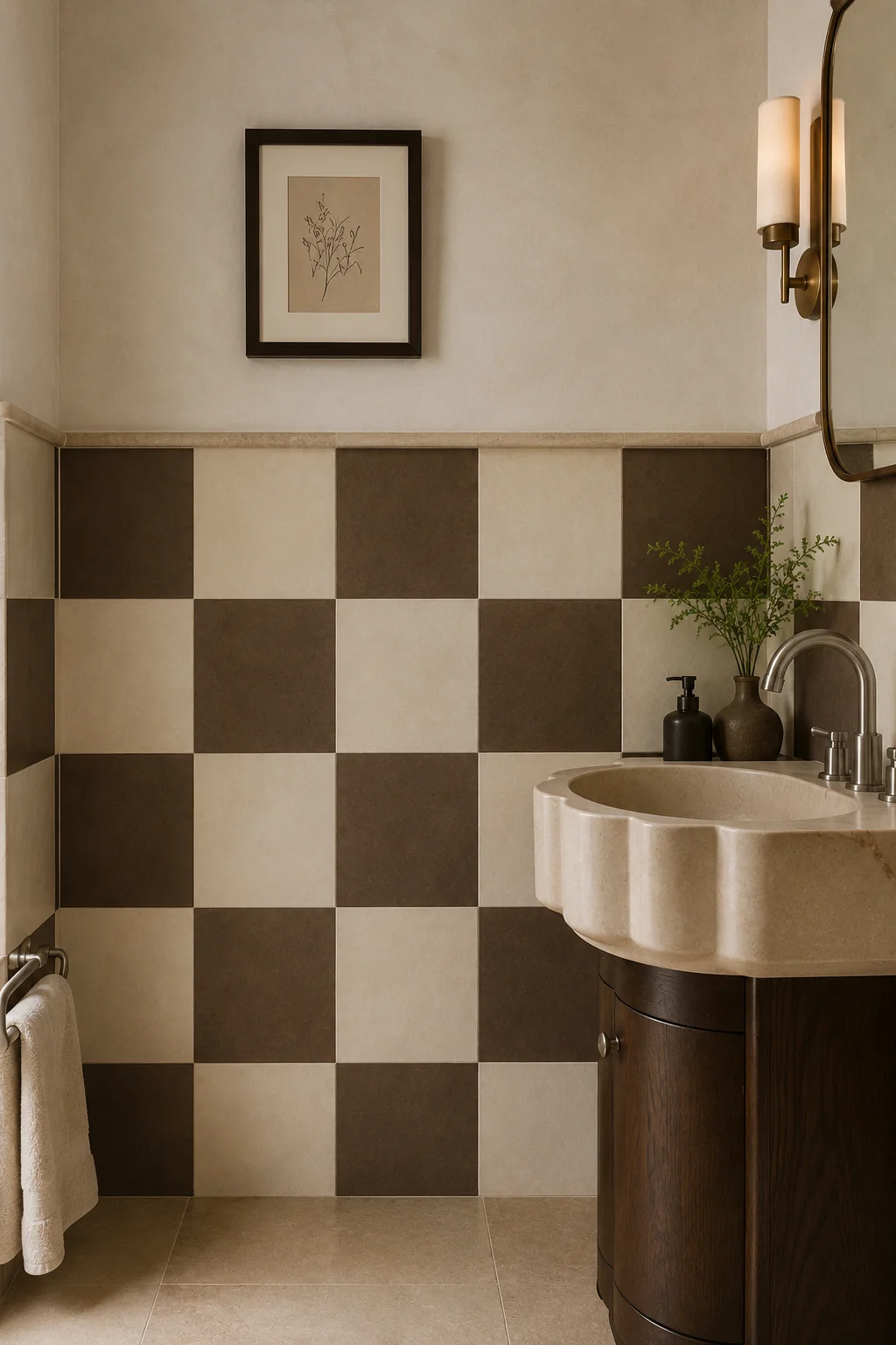 Stylish small bathroom featuring an oversized cream and chocolate checkerboard tile half-wall with a compact sink and warm minimalist decor.
