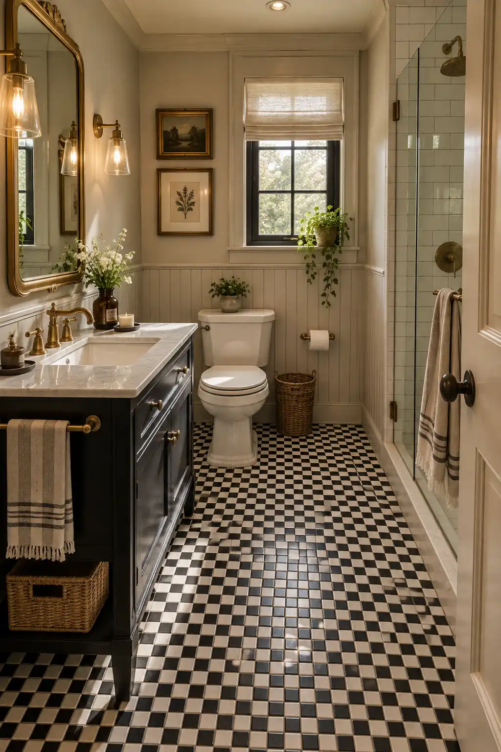 Small black and white checkerboard mosaic floor in a compact elegant bathroom with a vintage-inspired vanity, brass fixtures, framed mirror, ceramic accessories, and warm lighting.