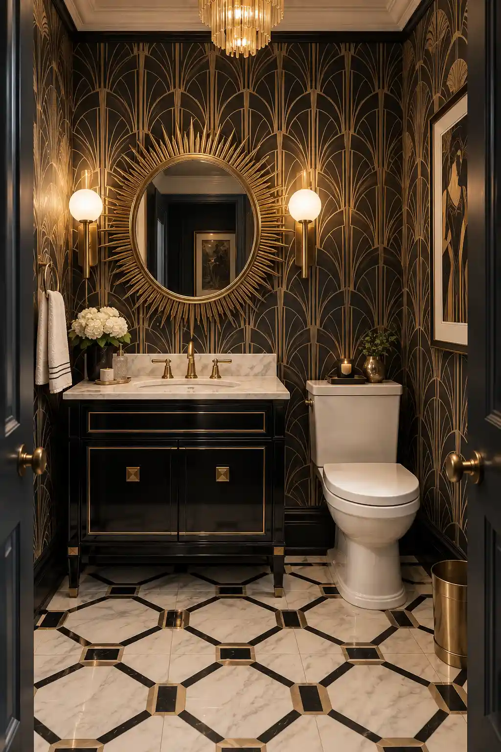 Glamorous Art Deco powder room with geometric wallpaper, black lacquer vanity, polished brass fixtures, marble countertop, sunburst mirror, geometric flooring, and warm decorative lighting.