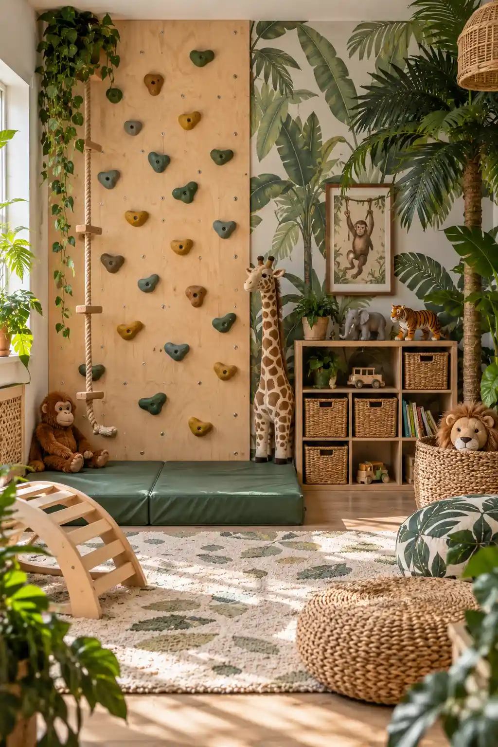 Indoor jungle playroom for kids with leafy botanical wallpaper, tropical plants, a child-safe climbing wall, natural wood furniture, woven baskets, and jungle animal decor.