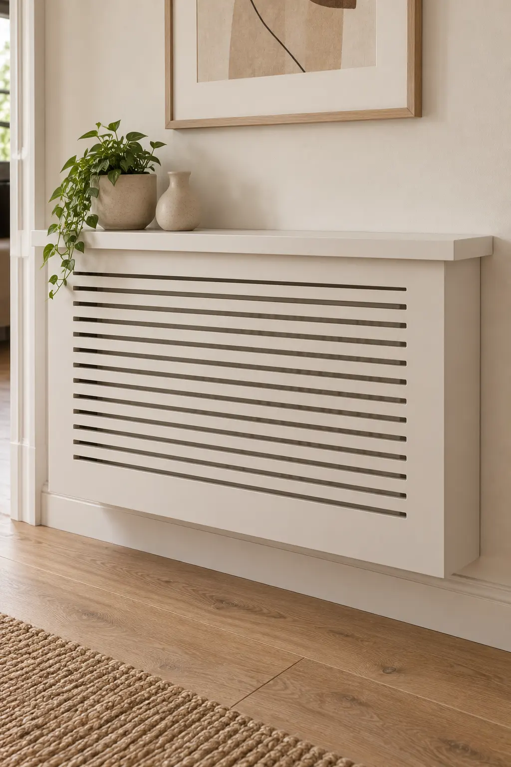 Minimalist white radiator cover with a slim floating ledge, clean rectangular framing, and discreet ventilation slots.