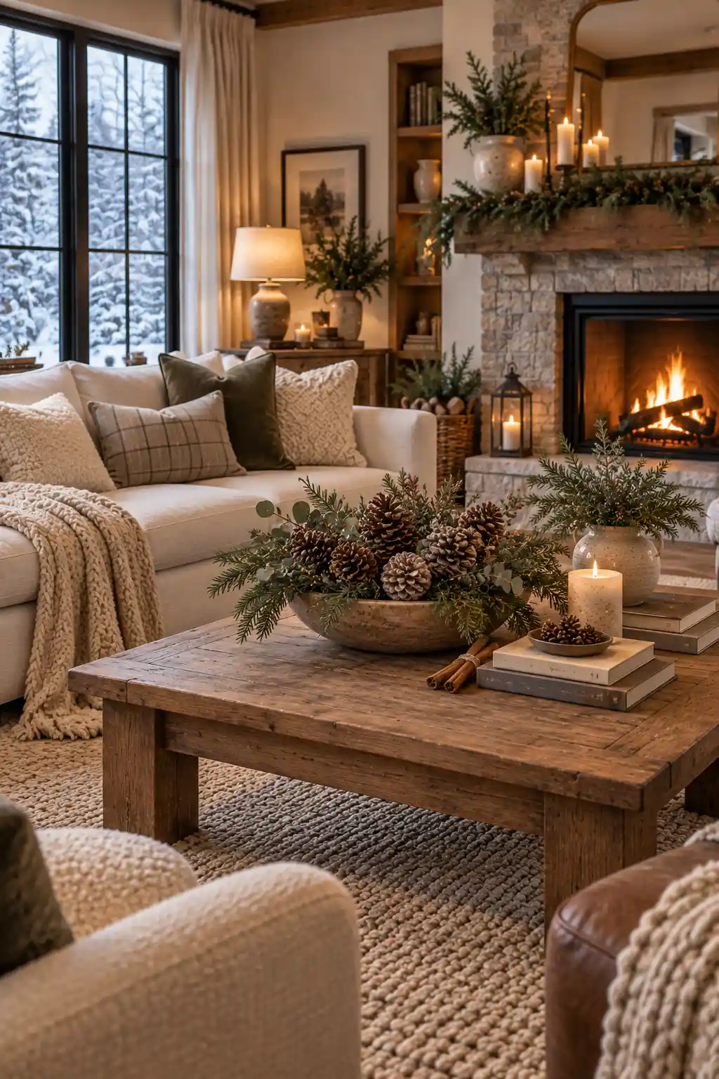 Cozy winter living room with a natural pinecone and evergreen centerpiece in a wooden bowl on the coffee table, surrounded by candles, books, neutral furniture, and warm decor.