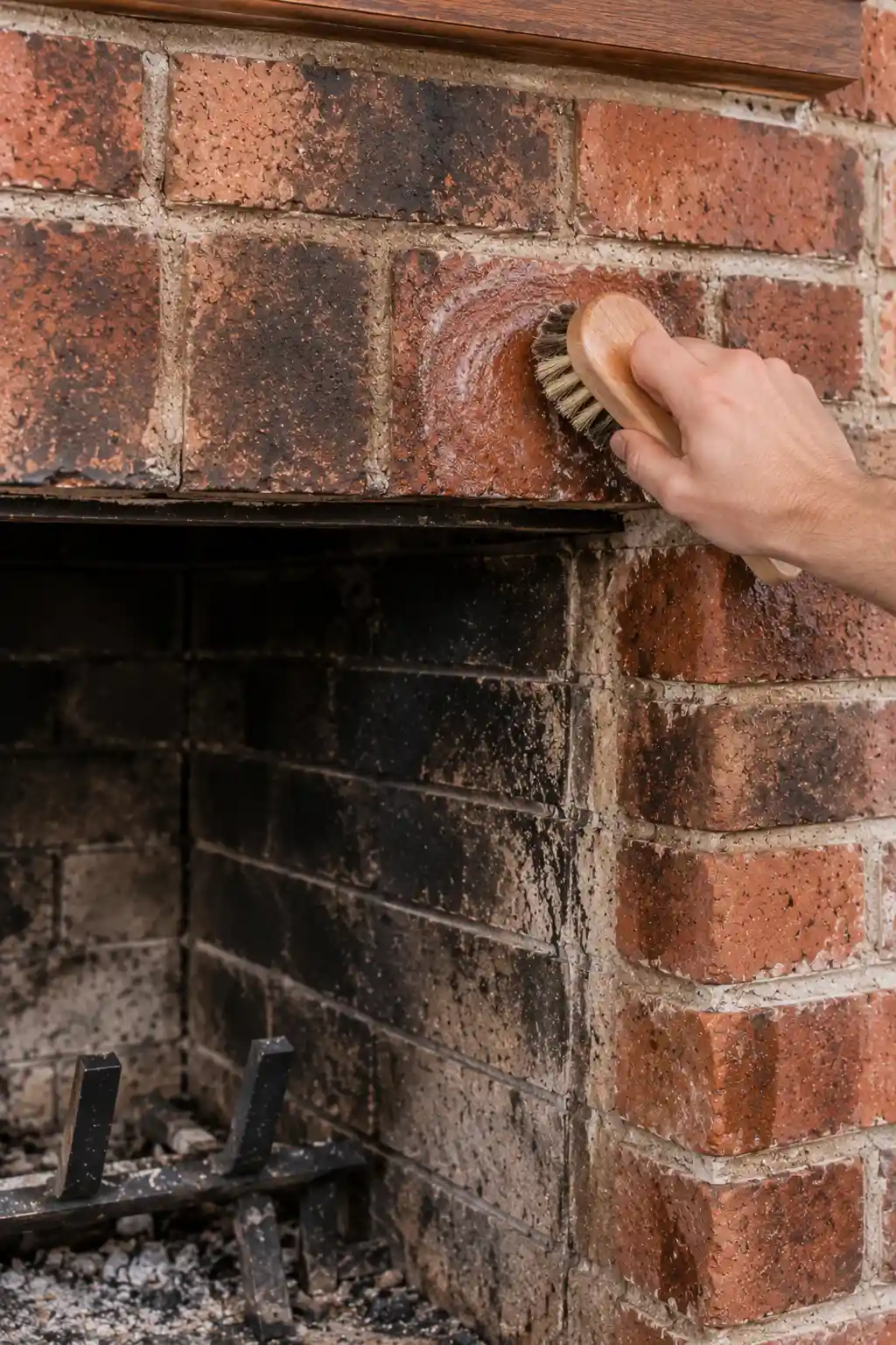Cleaning brush scrubbing a soot-stained brick fireplace in circular motions to lift dirt from the rough brick texture.