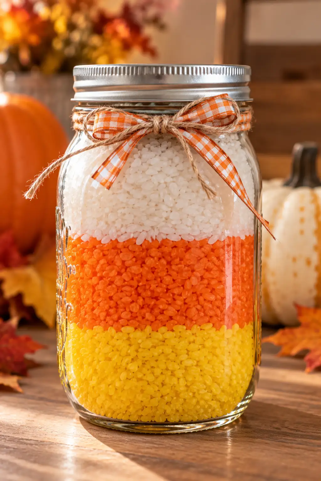 Clear Mason jar filled with layered yellow, orange, and creamy white decorative sand or rice arranged to resemble candy corn.