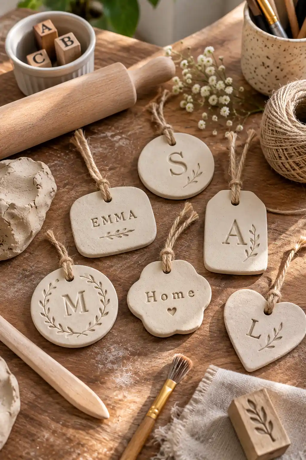 Handmade air dry clay nameplate and initial tags with stamped lettering, rounded edges, and cotton twine for gifts, place settings, or decor.