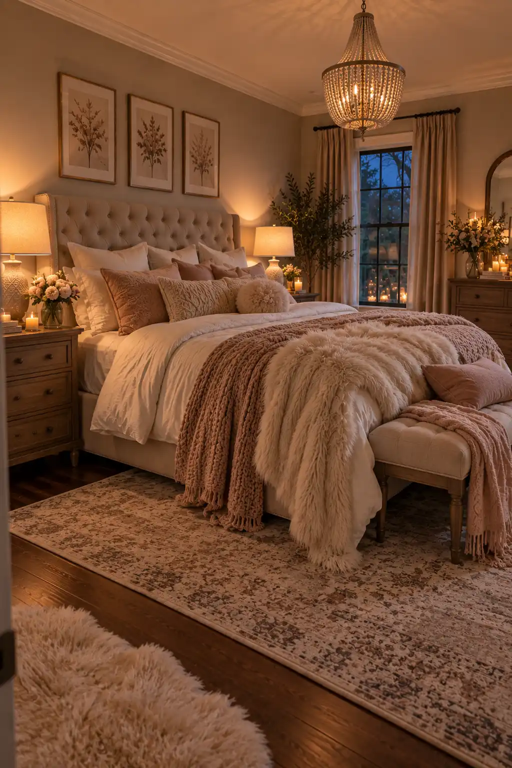 Cozy romantic bedroom with layered textures including a faux fur throw, velvet cushions, knitted blanket, soft bedding, and textured pillows arranged on an elegant upholstered bed.