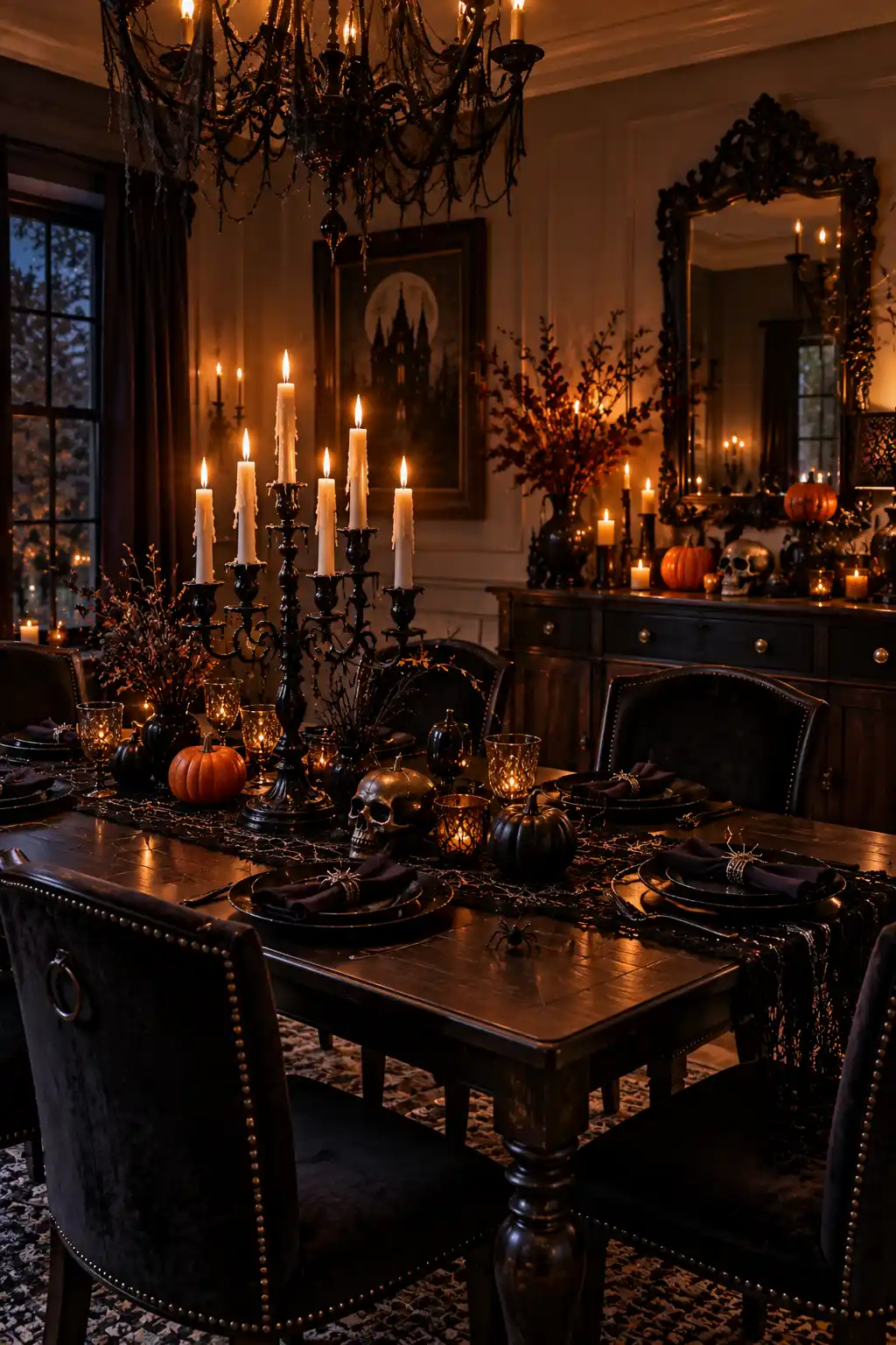 Gothic black candelabra with dripping wax-style candles displayed as a Halloween dining table centerpiece with pumpkins and dark tableware.