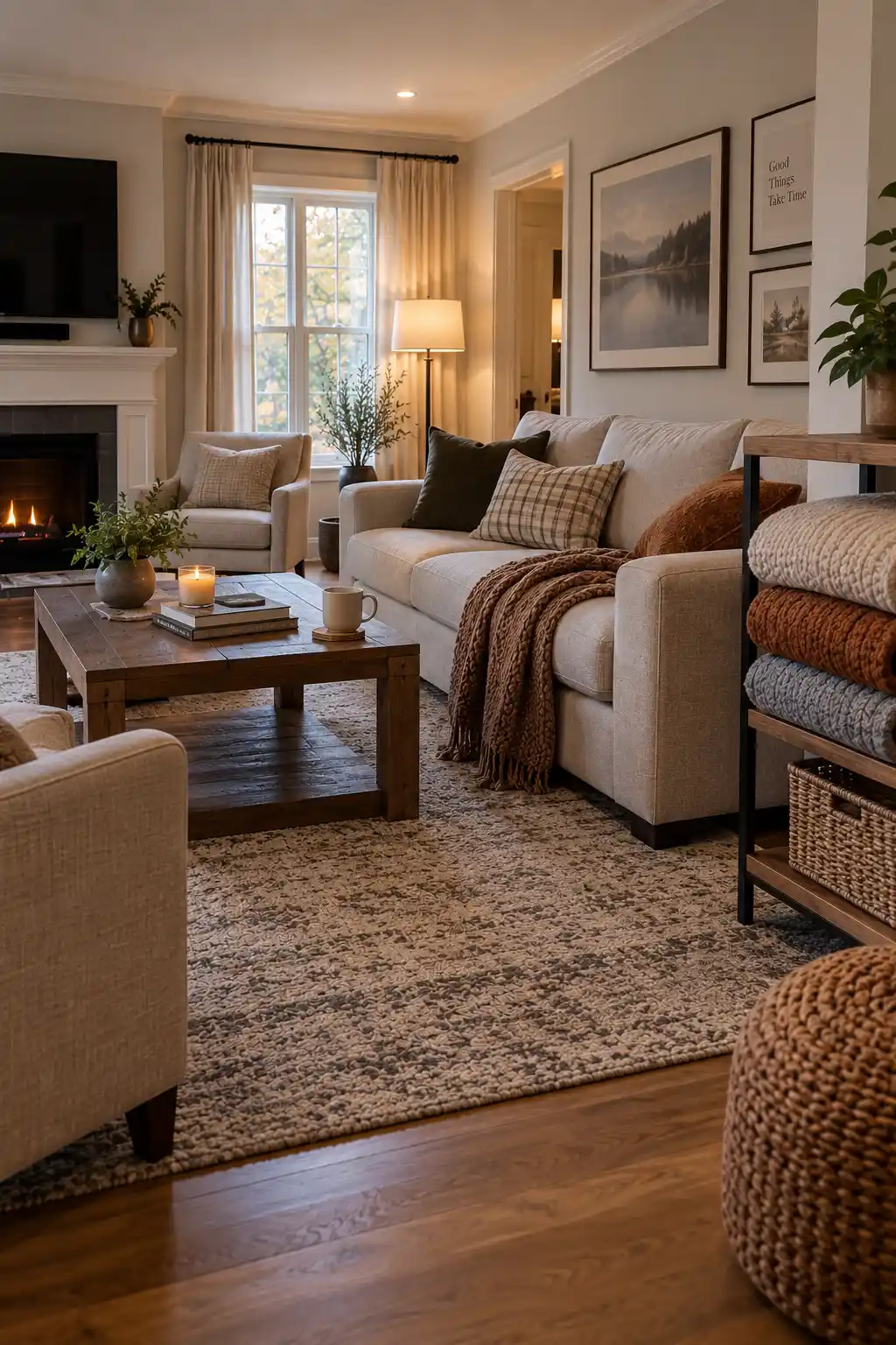Realistic living room with several warm neutral blankets neatly folded and stacked beside a comfortable sofa, with another blanket casually draped over the seating area.