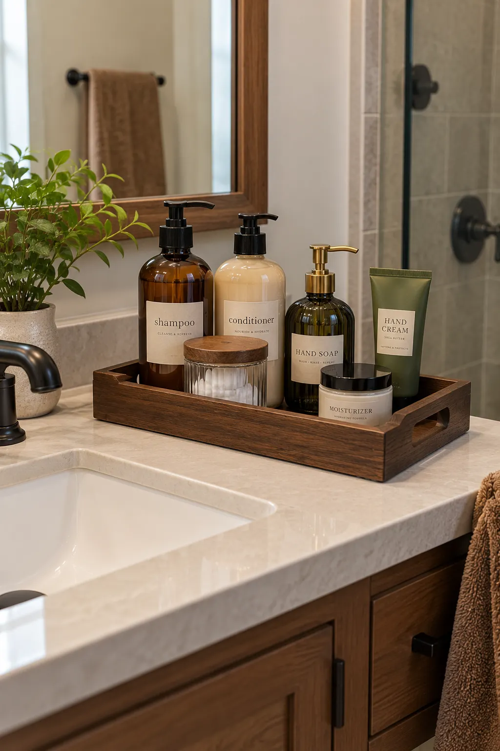 Realistic bathroom countertop with a dark wooden tray neatly organizing shampoo, conditioner, hand soap, lotion, and other everyday bathroom bottles beside a ceramic sink.