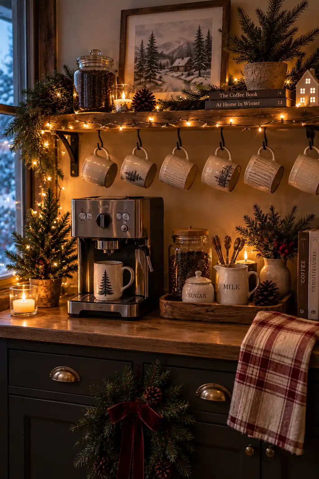 Cozy winter coffee station illuminated by warm white string lights wrapped around a shelf, with a coffee maker, ceramic mugs, wooden tray, coffee jar, evergreen branches, and seasonal accents.
